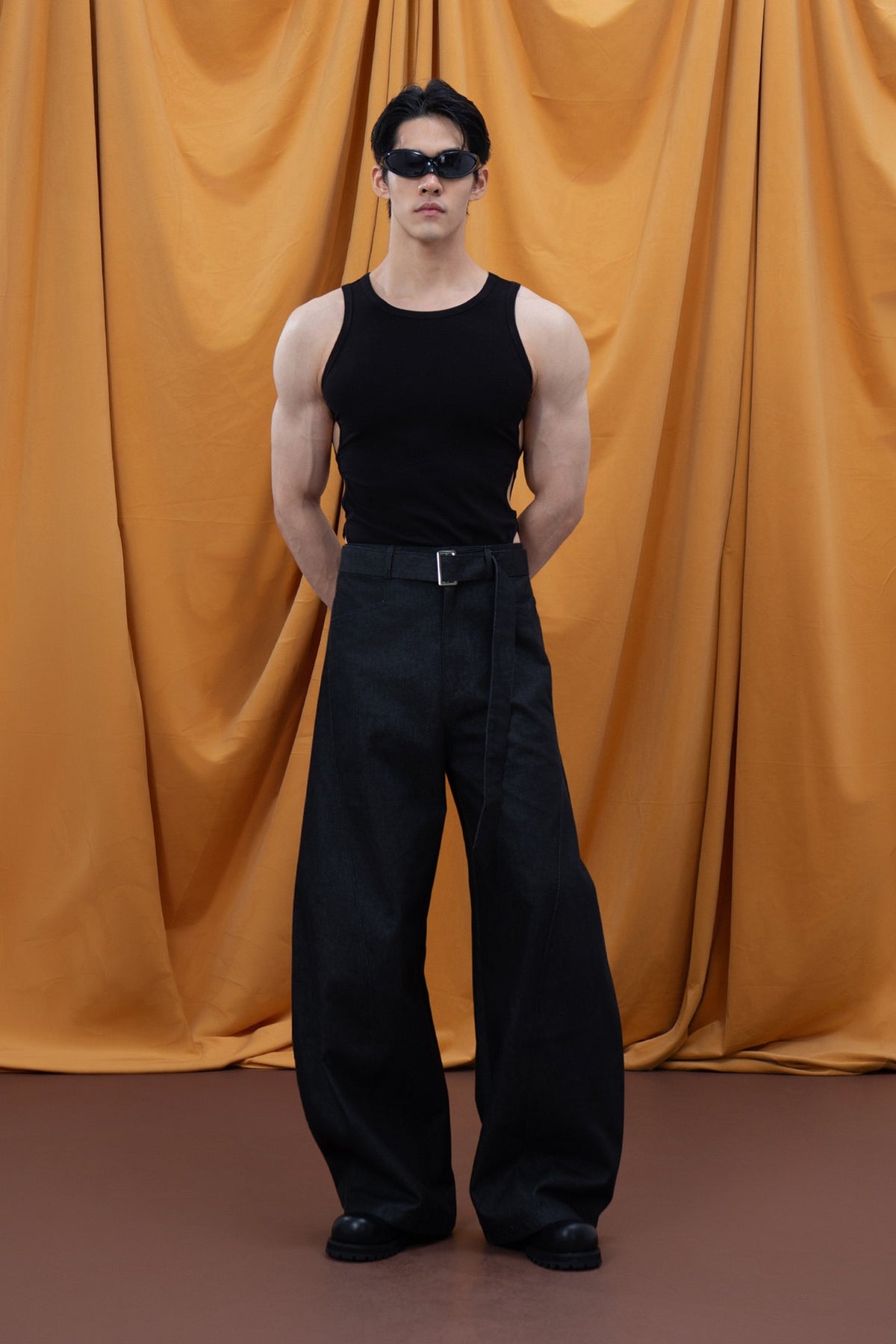CLP Belted Wide-Leg Draped Trousers — full body