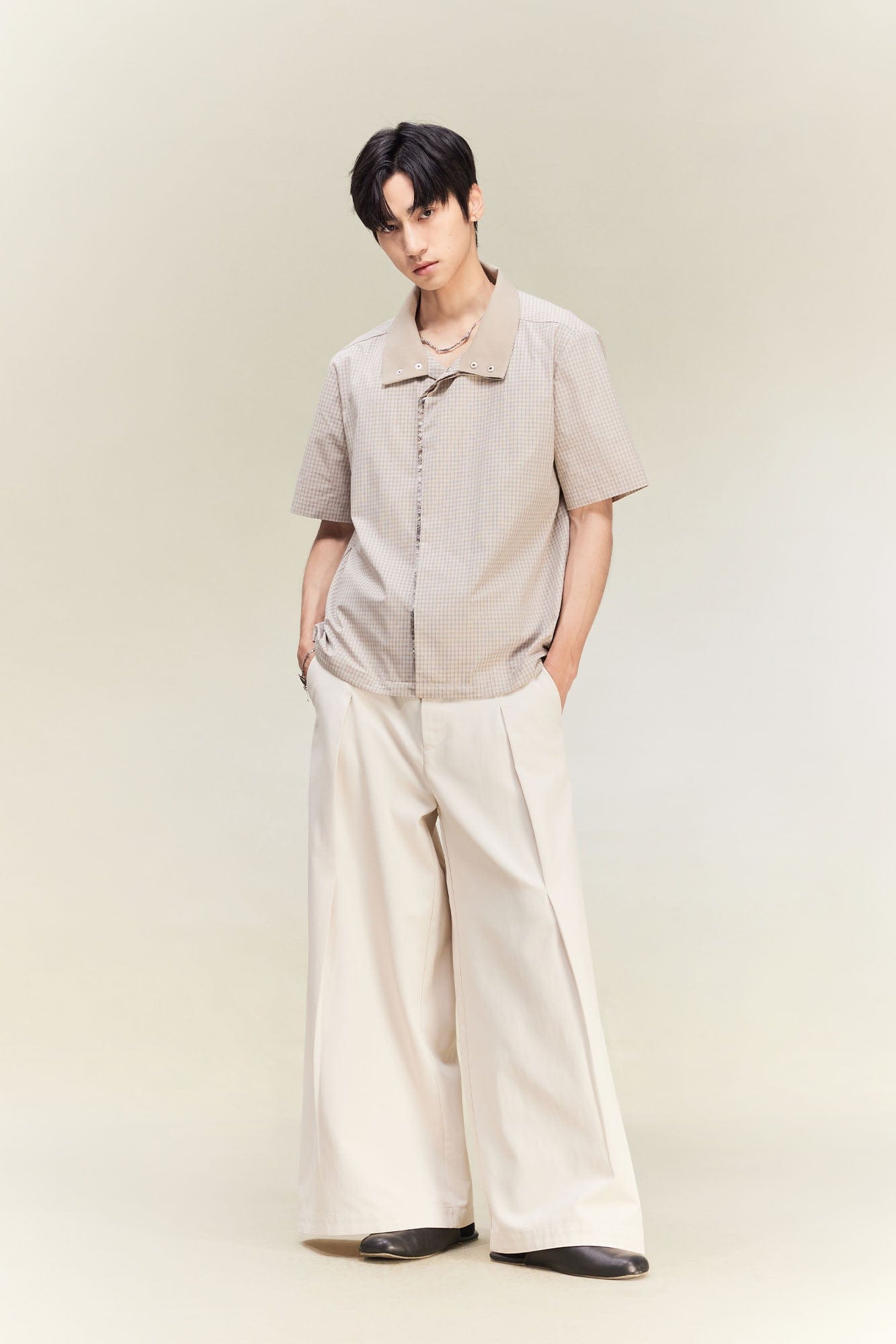 ALVNG AR ANTS Asymmetrical Snap Placket Mini Check Half Shirt, premium urban and streetwear designers apparel on PROJECTISR.com, ALVNG AR ANTS