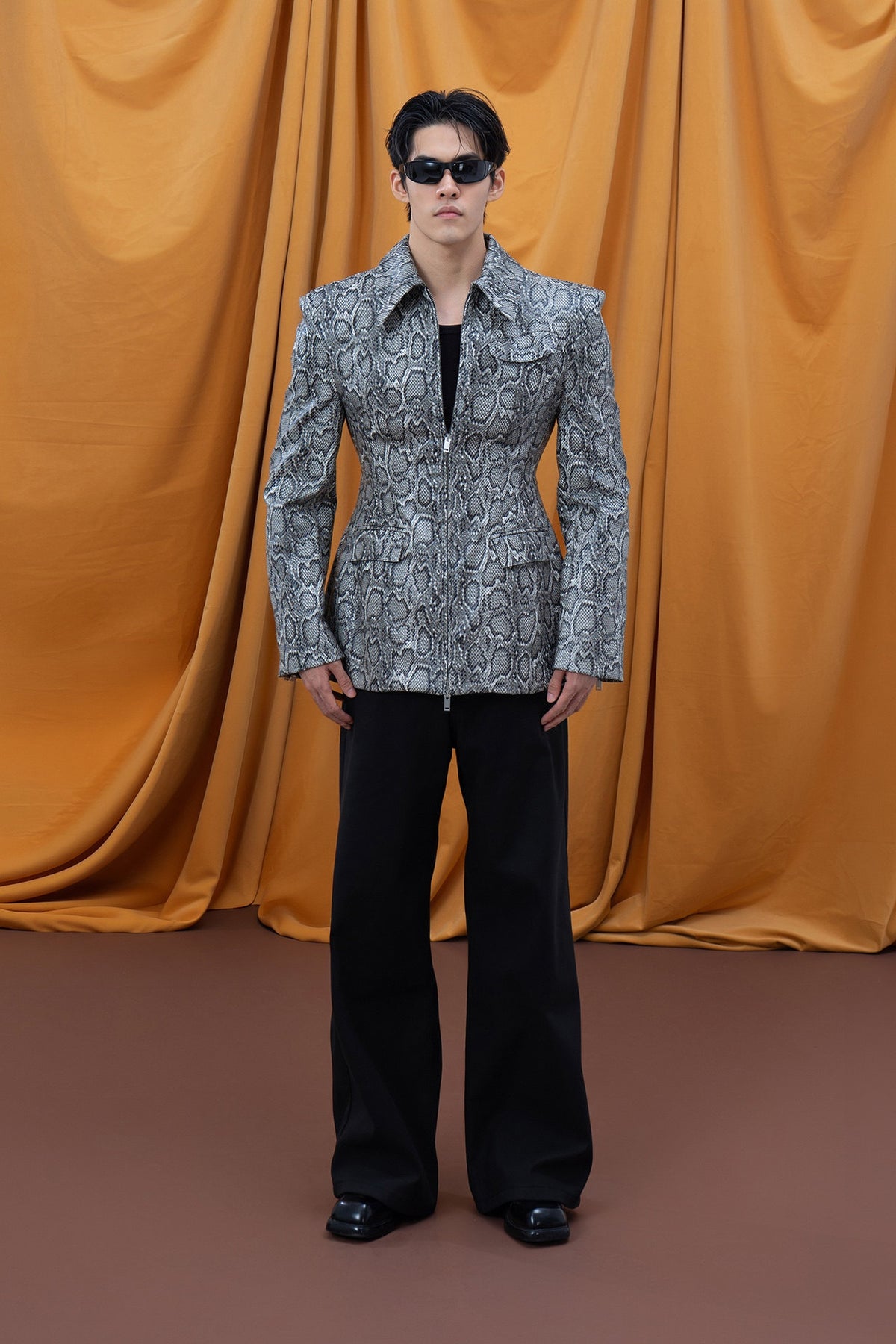 CLP Snake-Print Faux Leather Padded-Shoulder Blazer Jacket — full body
