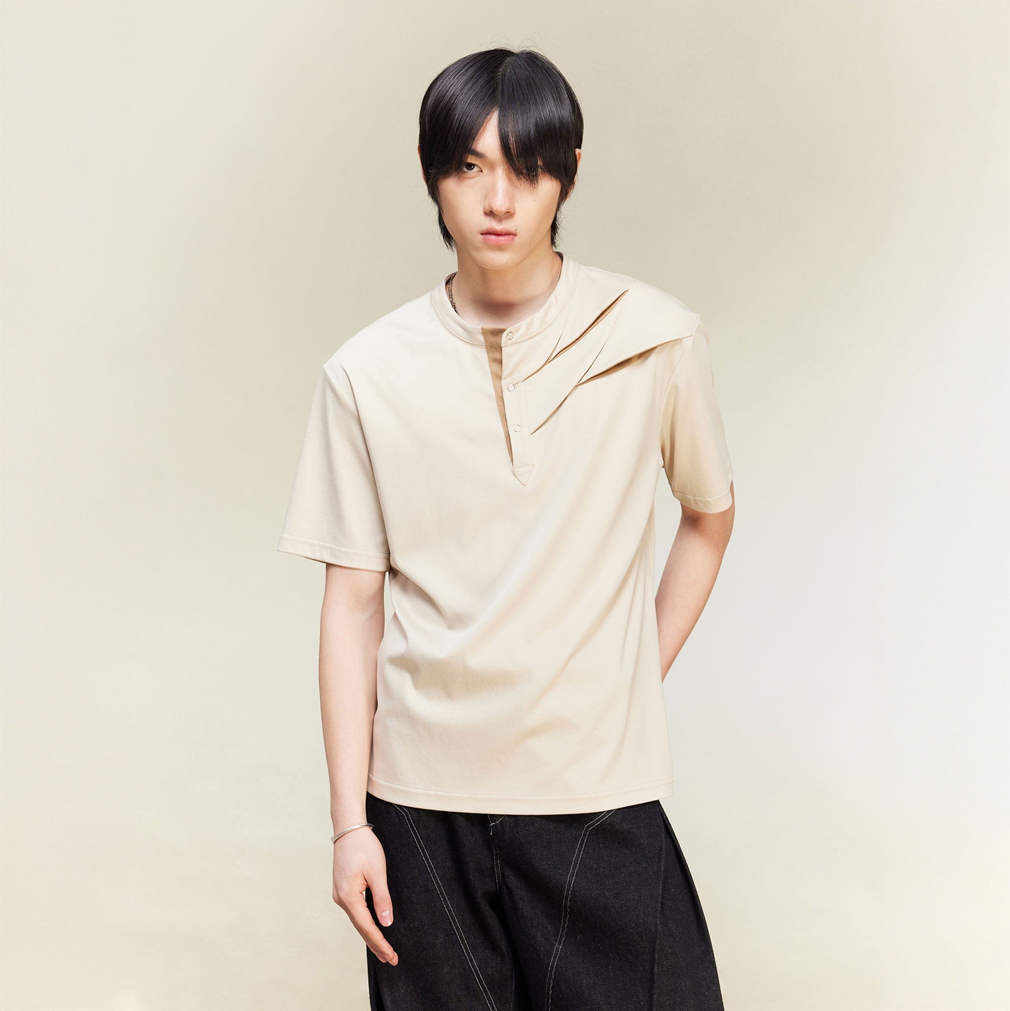 ALVNG AR ANTS Slash Pleated Shoulder Spliced Henley T-Shirt, premium urban and streetwear designers apparel on PROJECTISR.com, ALVNG AR ANTS