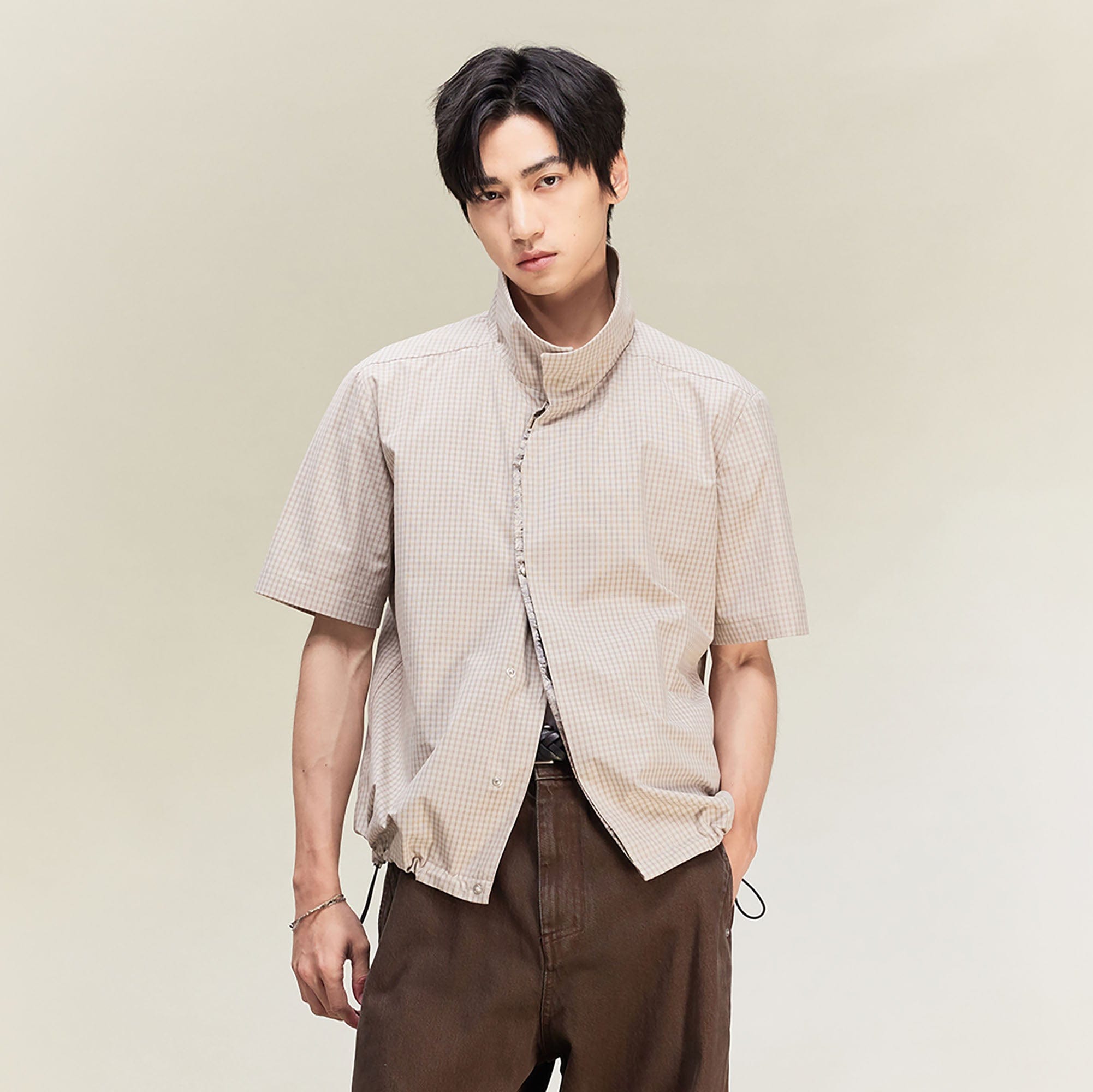 ALVNG AR ANTS Asymmetrical Snap Placket Mini Check Half Shirt, premium urban and streetwear designers apparel on PROJECTISR.com, ALVNG AR ANTS