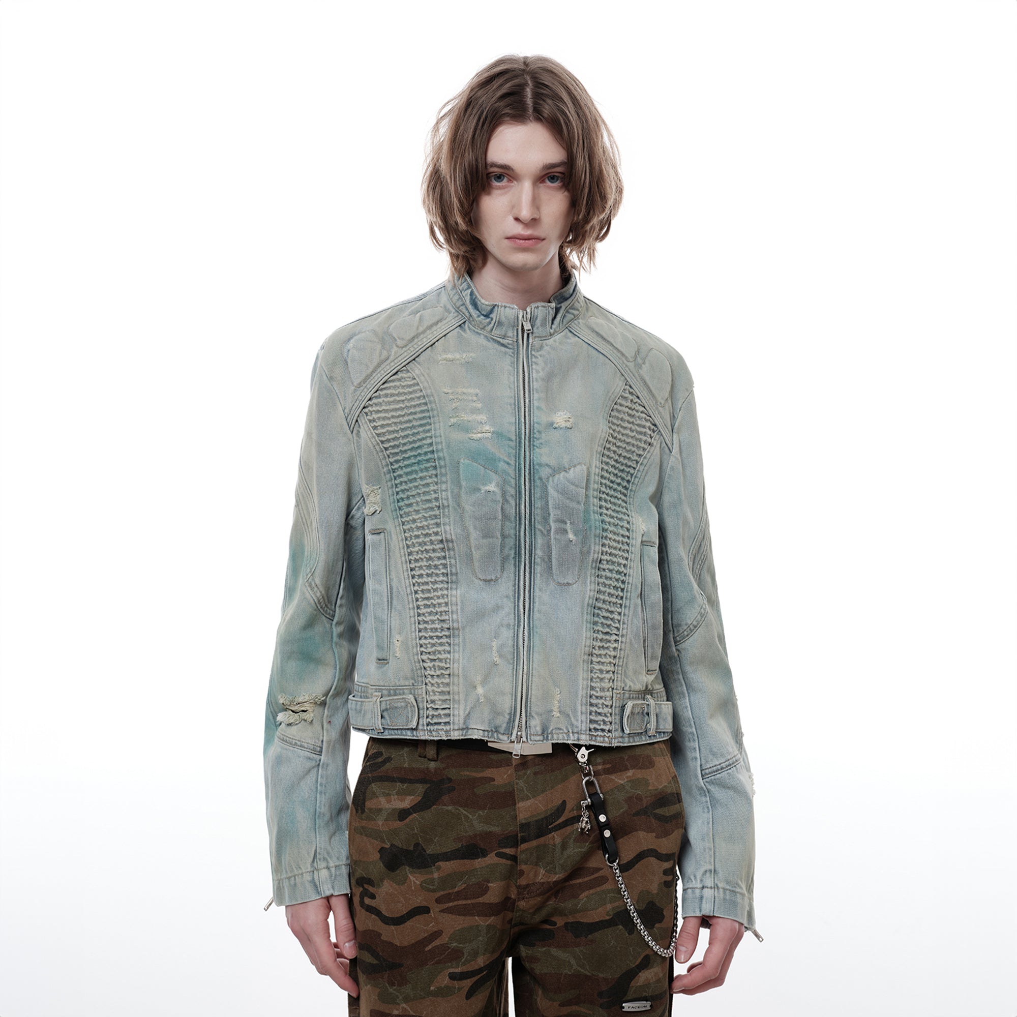 FACEONLAB Distressed Tie-Dye Ripped Biker Denim Jacket Blue