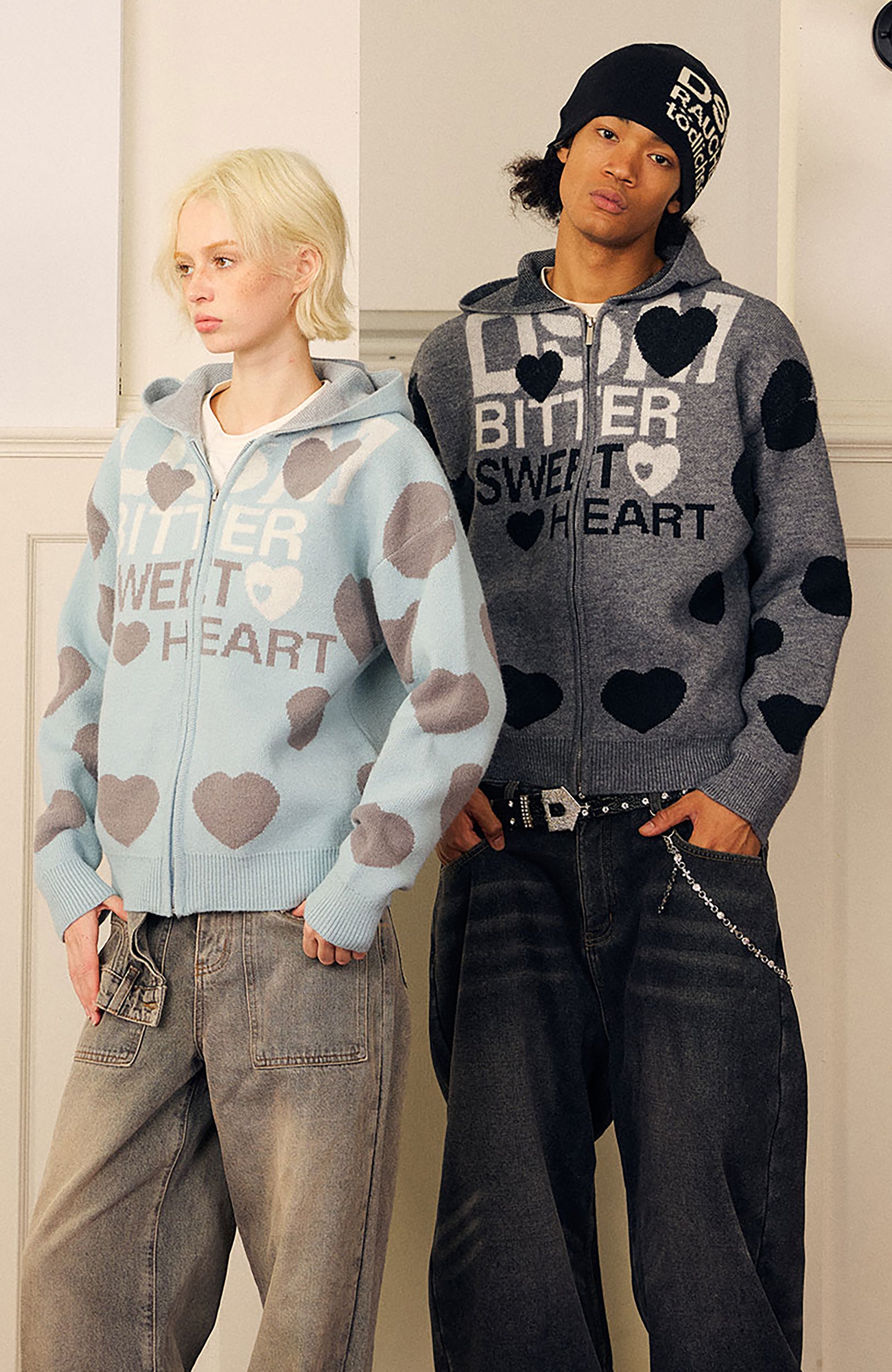 DONSMOKE Heart Full-Print Knit Zip-Up Hoodie