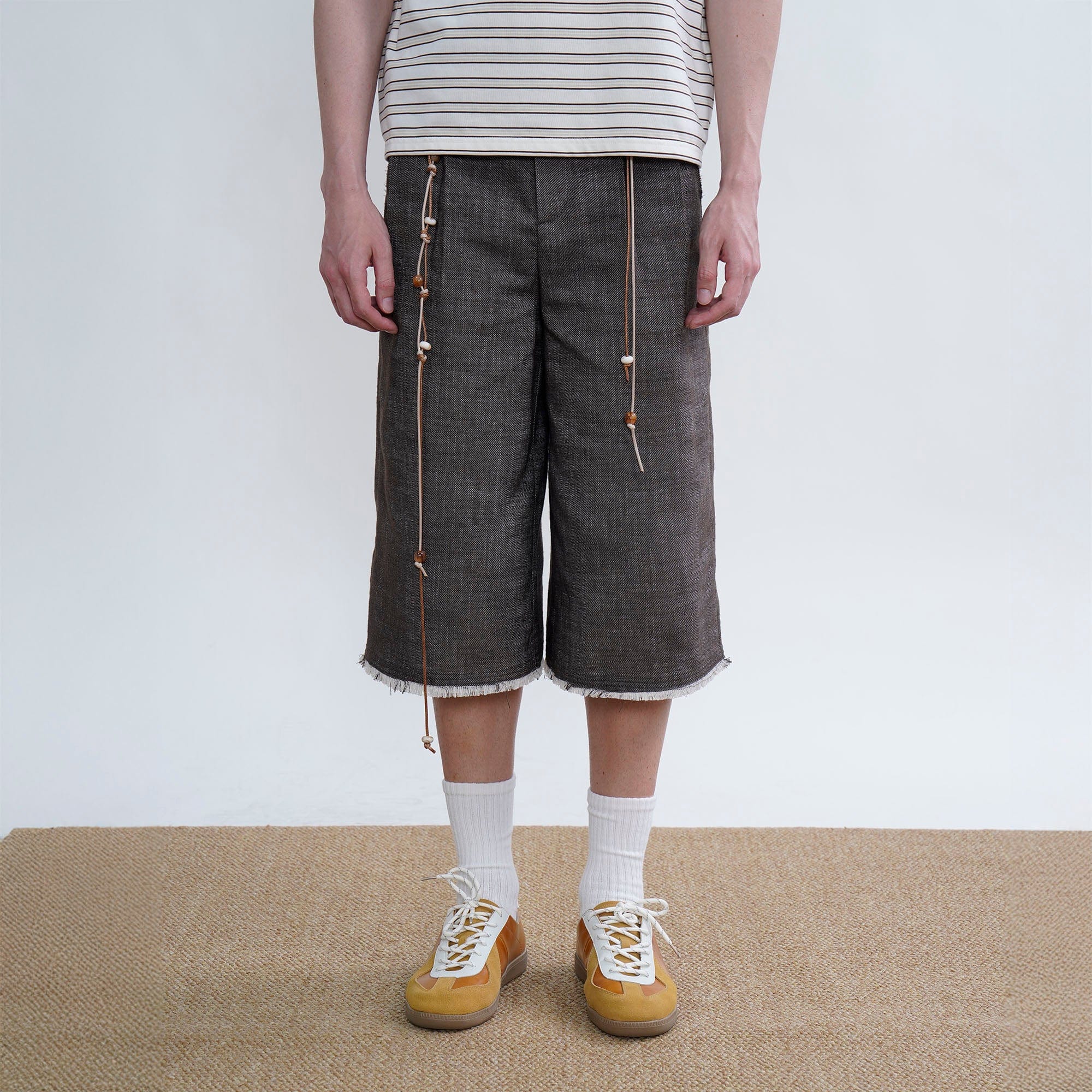 ORAL UTOPIA Fringed Beaded Drawstring Linen Blend Shorts, premium urban and streetwear designers apparel on PROJECTISR.com, ORAL UTOPIA