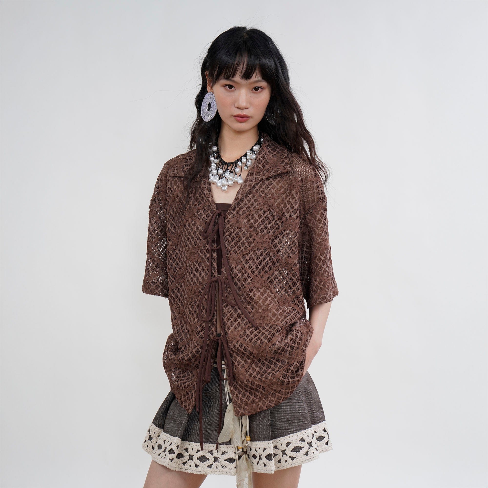 ORAL UTOPIA Crochet Tie-Front Sheer Cuban Half Shirt, premium urban and streetwear designers apparel on PROJECTISR.com, ORAL UTOPIA