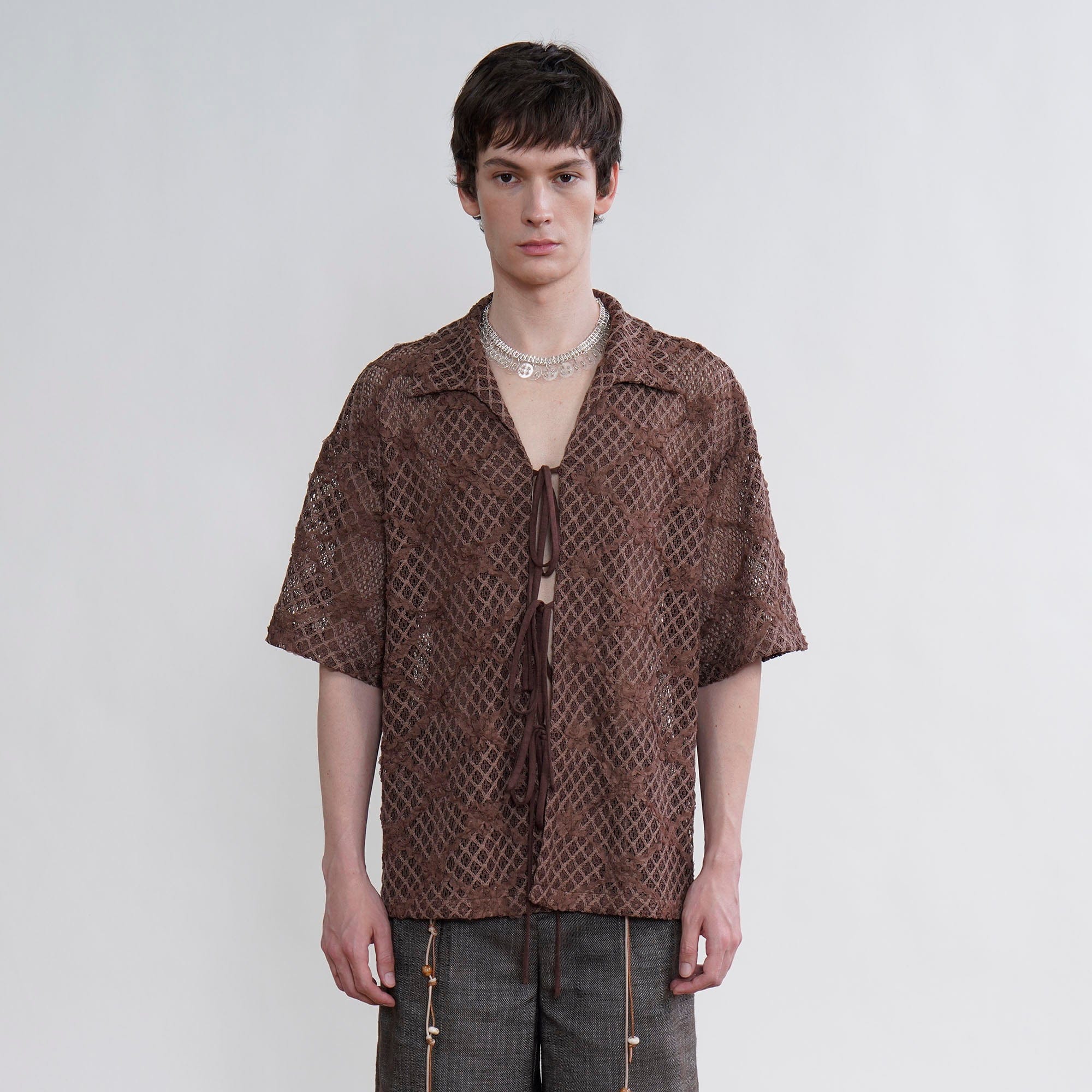 ORAL UTOPIA Crochet Tie-Front Sheer Cuban Half Shirt, premium urban and streetwear designers apparel on PROJECTISR.com, ORAL UTOPIA
