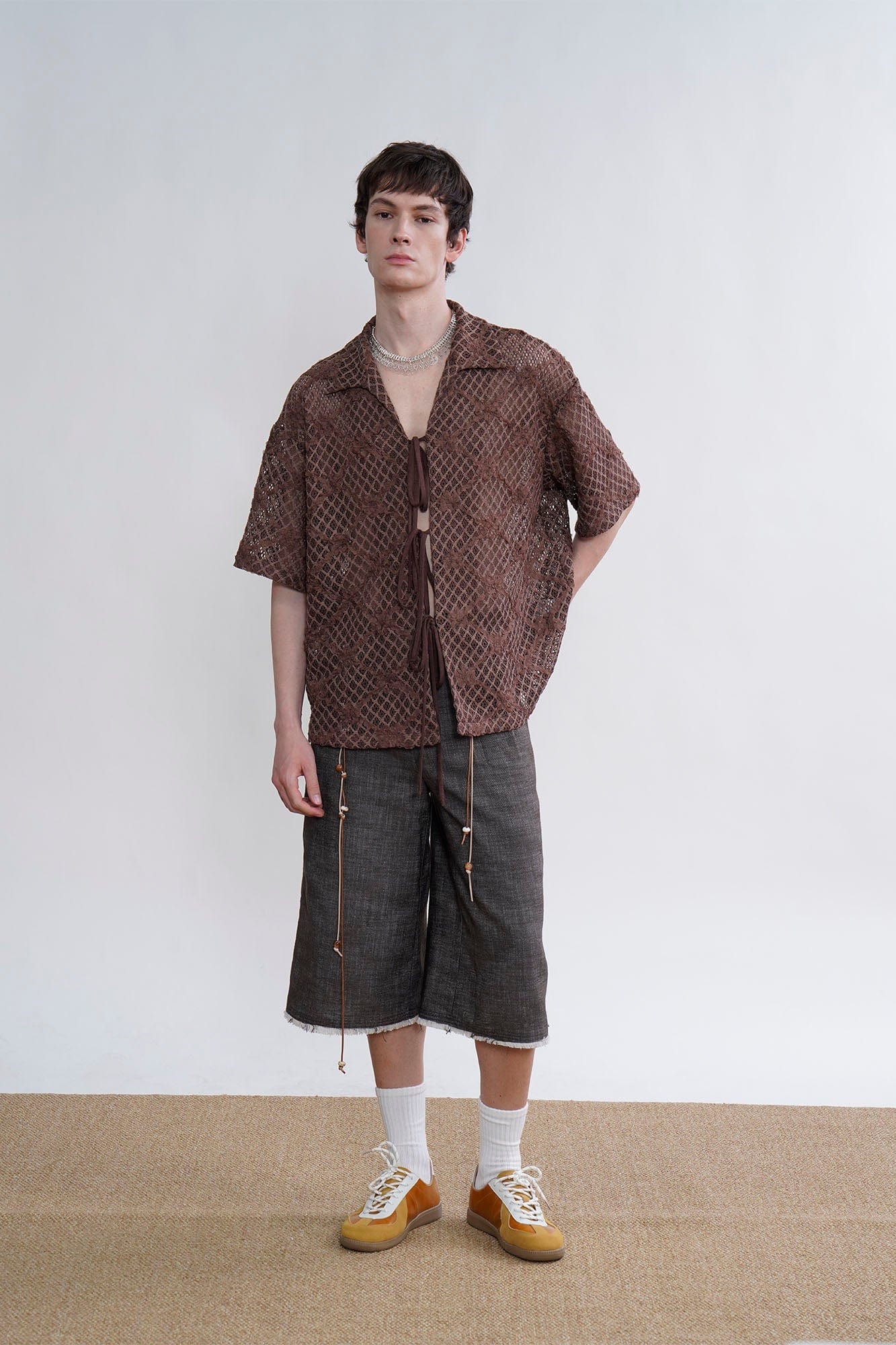 ORAL UTOPIA Fringed Beaded Drawstring Linen Blend Shorts, premium urban and streetwear designers apparel on PROJECTISR.com, ORAL UTOPIA
