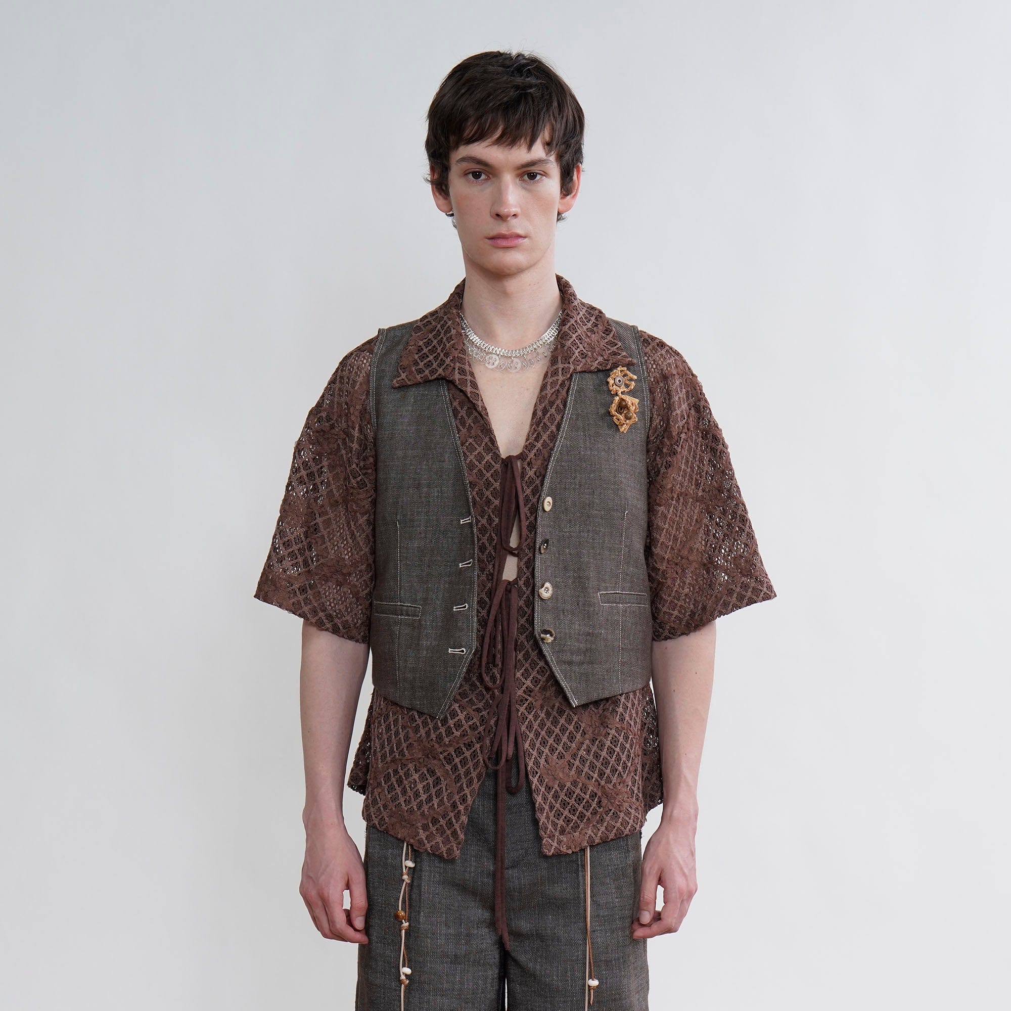ORAL UTOPIA Stitch Linen-Blend Mismatched Button Vest, premium urban and streetwear designers apparel on PROJECTISR.com, ORAL UTOPIA
