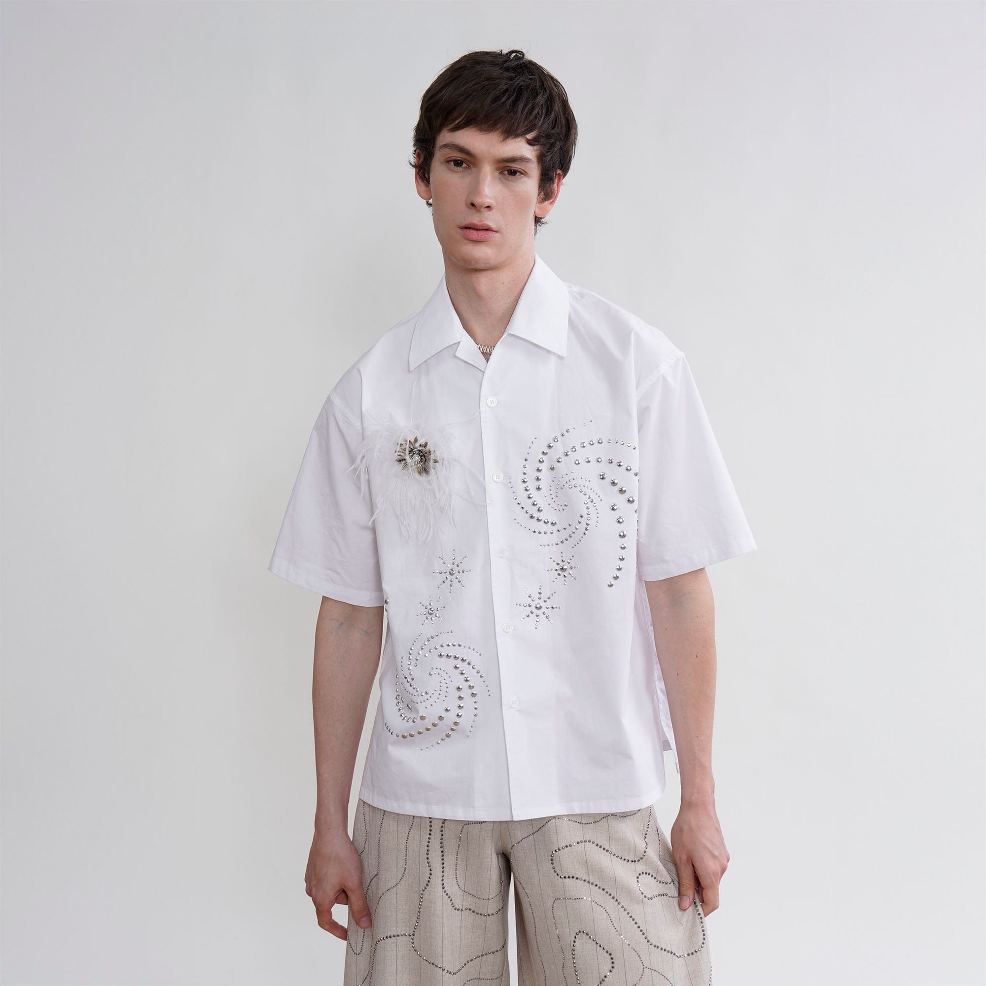 ORAL UTOPIA Spiral Embellished Feather Brooch Half Shirt, premium urban and streetwear designers apparel on PROJECTISR.com, ORAL UTOPIA
