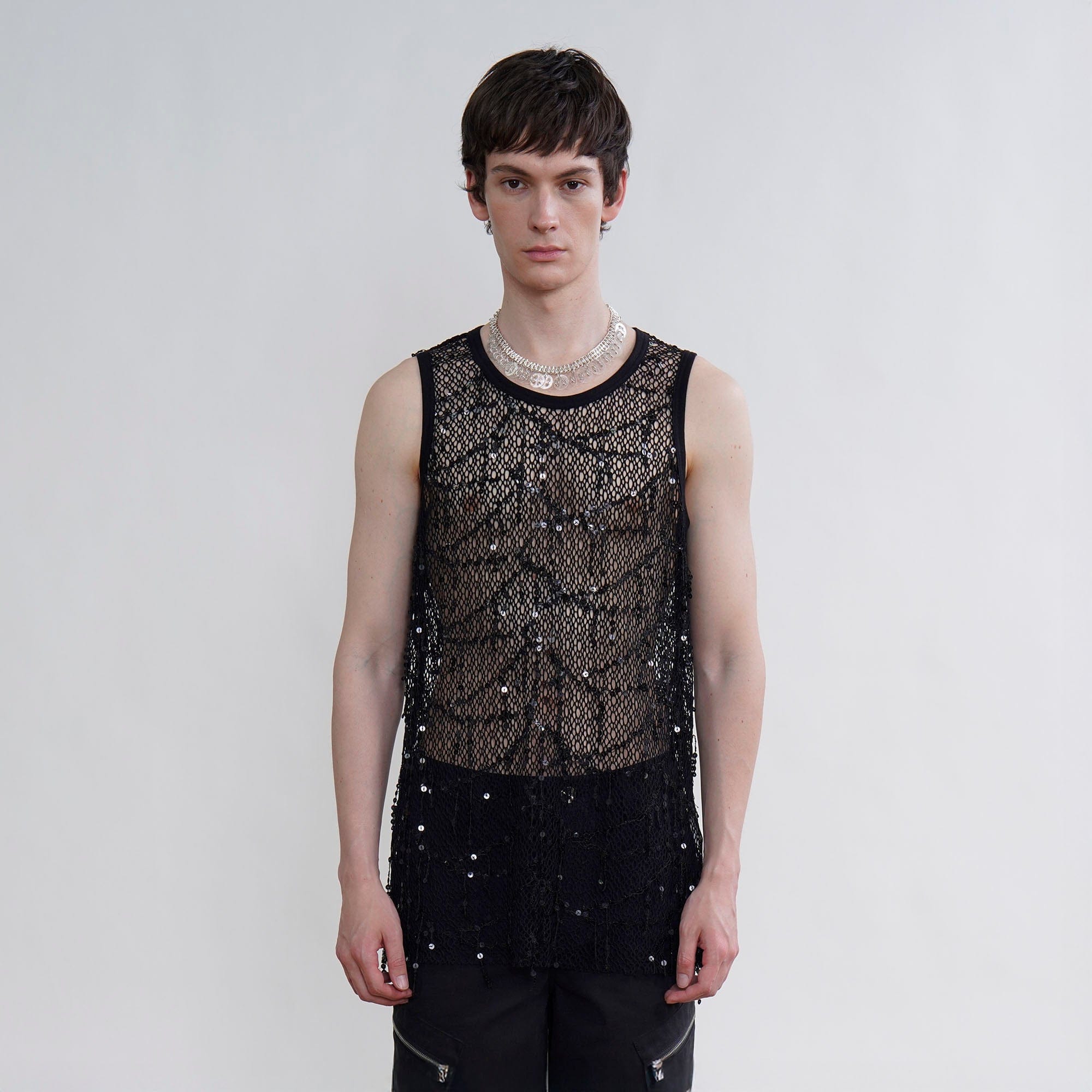 ORAL UTOPIA Fringed Sequin Fishnet Vest, premium urban and streetwear designers apparel on PROJECTISR.com, ORAL UTOPIA