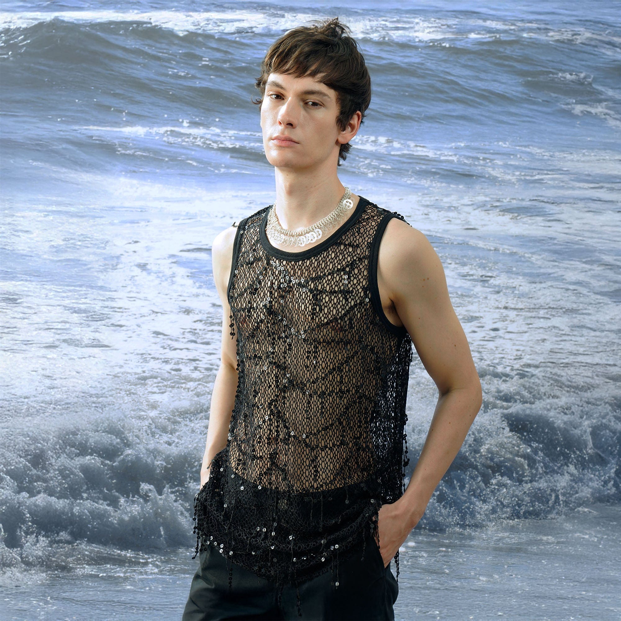 ORAL UTOPIA Fringed Sequin Fishnet Vest, premium urban and streetwear designers apparel on PROJECTISR.com, ORAL UTOPIA