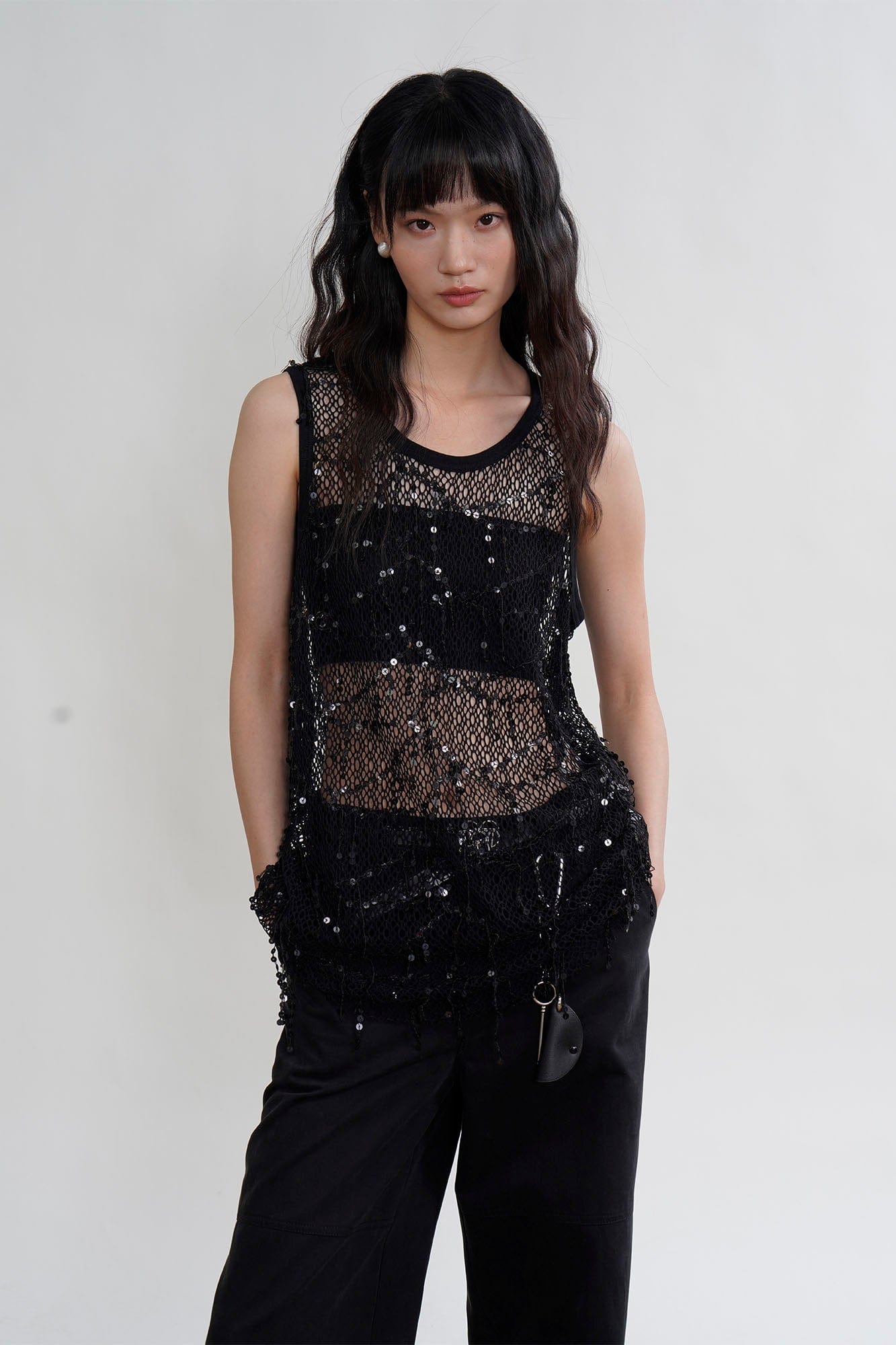 ORAL UTOPIA Fringed Sequin Fishnet Vest, premium urban and streetwear designers apparel on PROJECTISR.com, ORAL UTOPIA