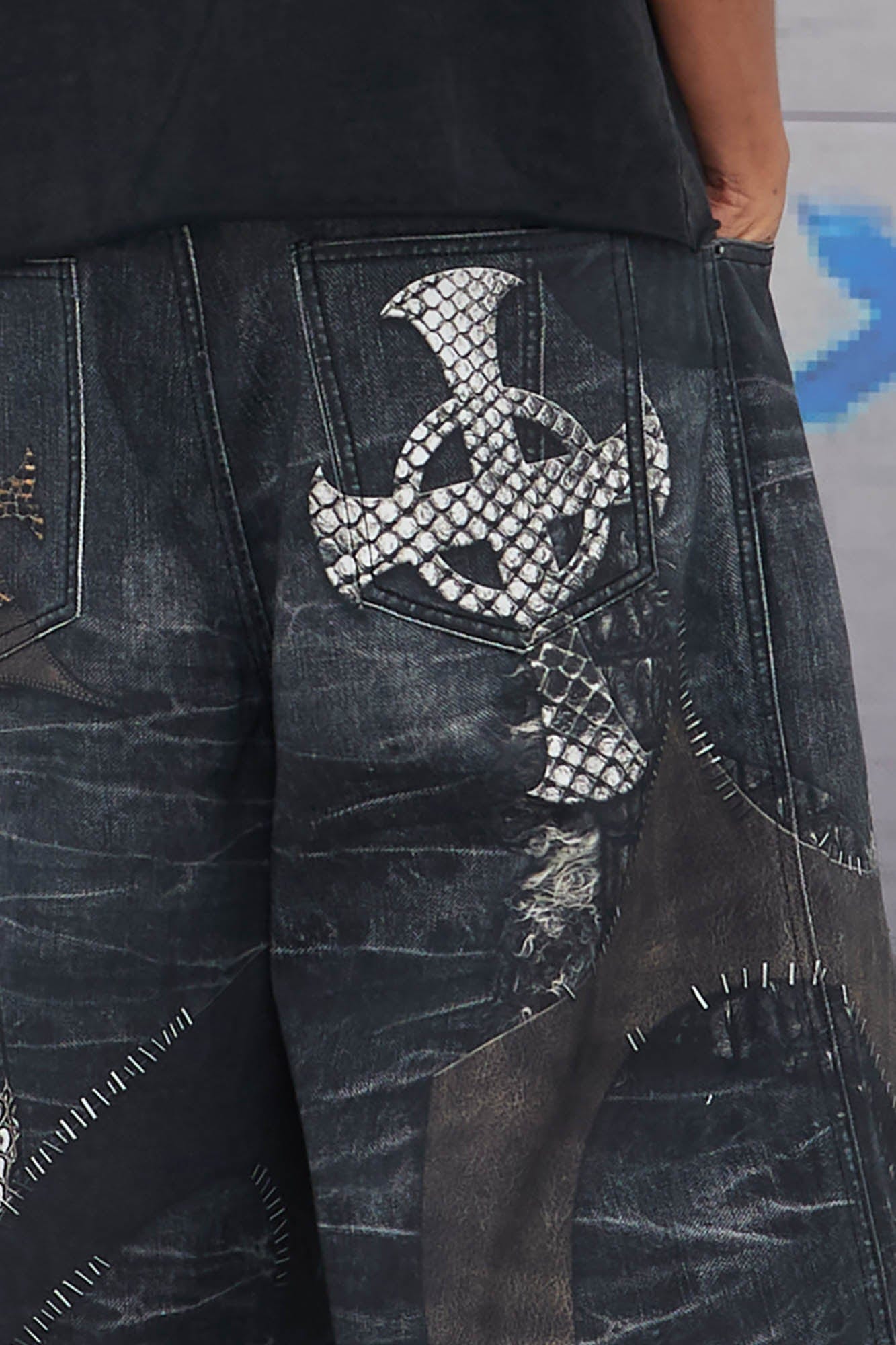 DND4DES Croc Cross Panel Washed Bermuda Denim Shorts