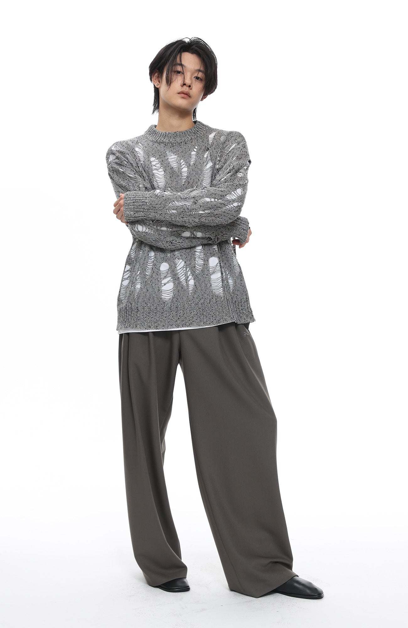 ROARINGWILD A ARCH Distressed Hollowed-Knit Sweater