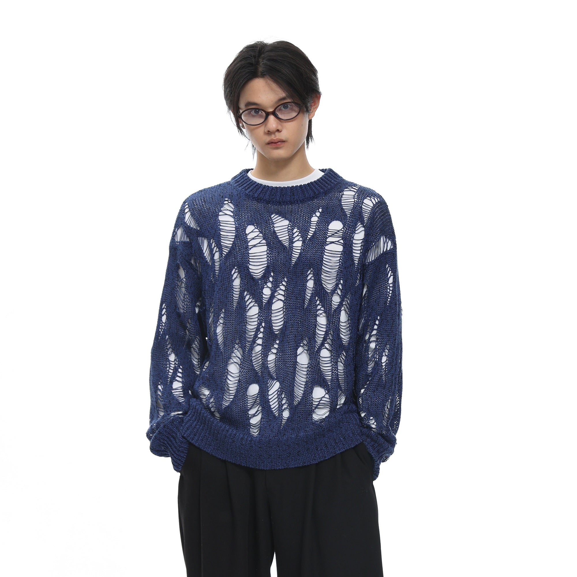ROARINGWILD A ARCH Distressed Hollowed-Knit Sweater