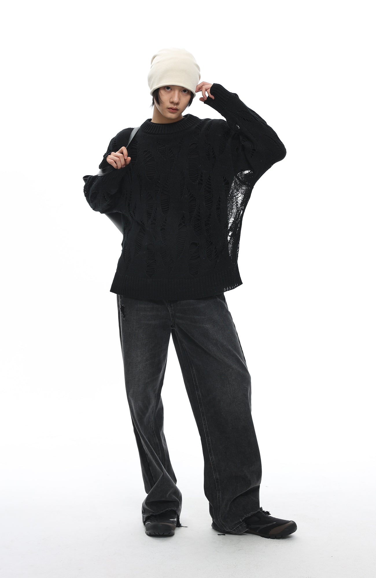 ROARINGWILD A ARCH Distressed Hollowed-Knit Sweater