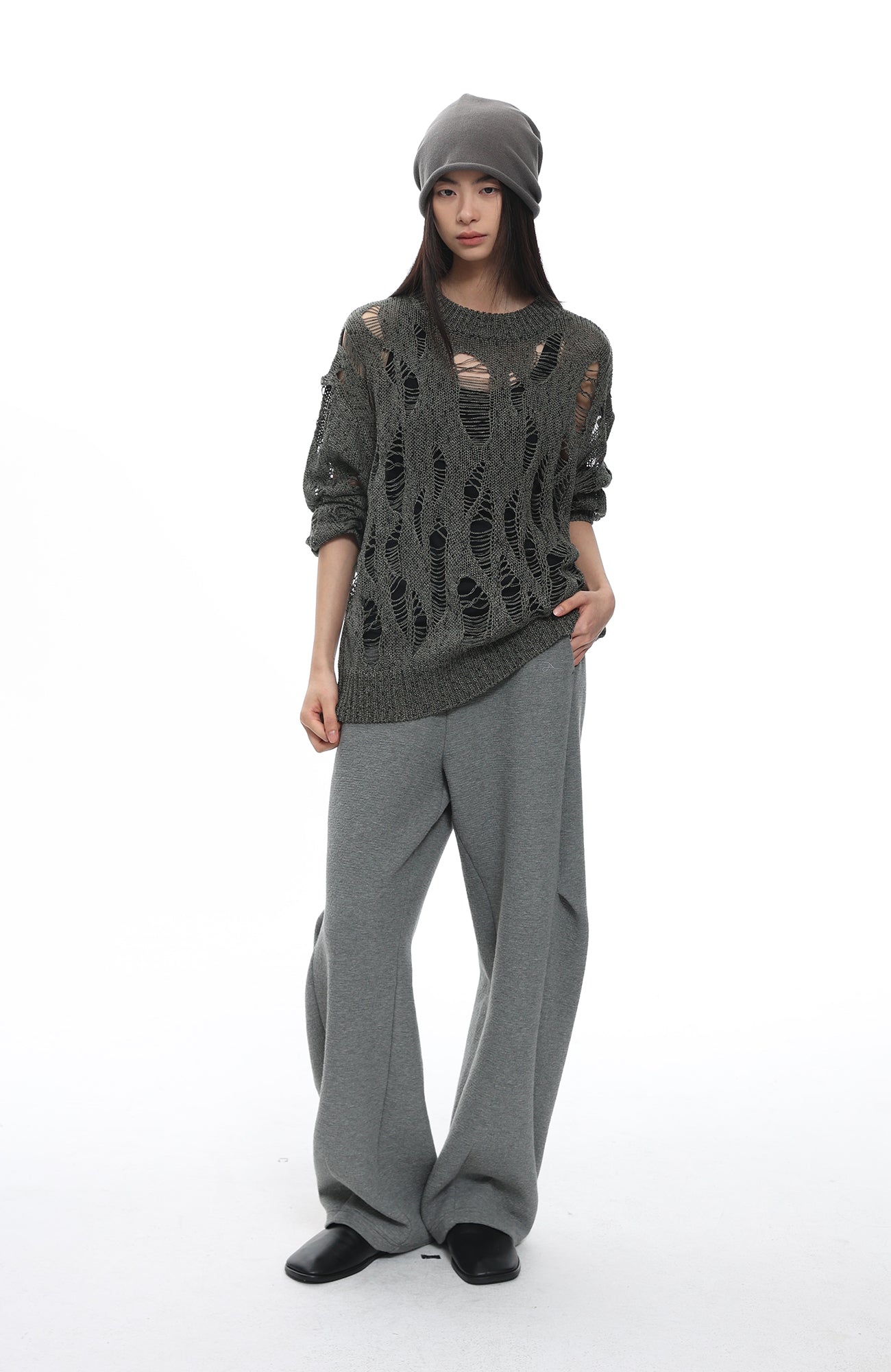 ROARINGWILD A ARCH Distressed Hollowed-Knit Sweater