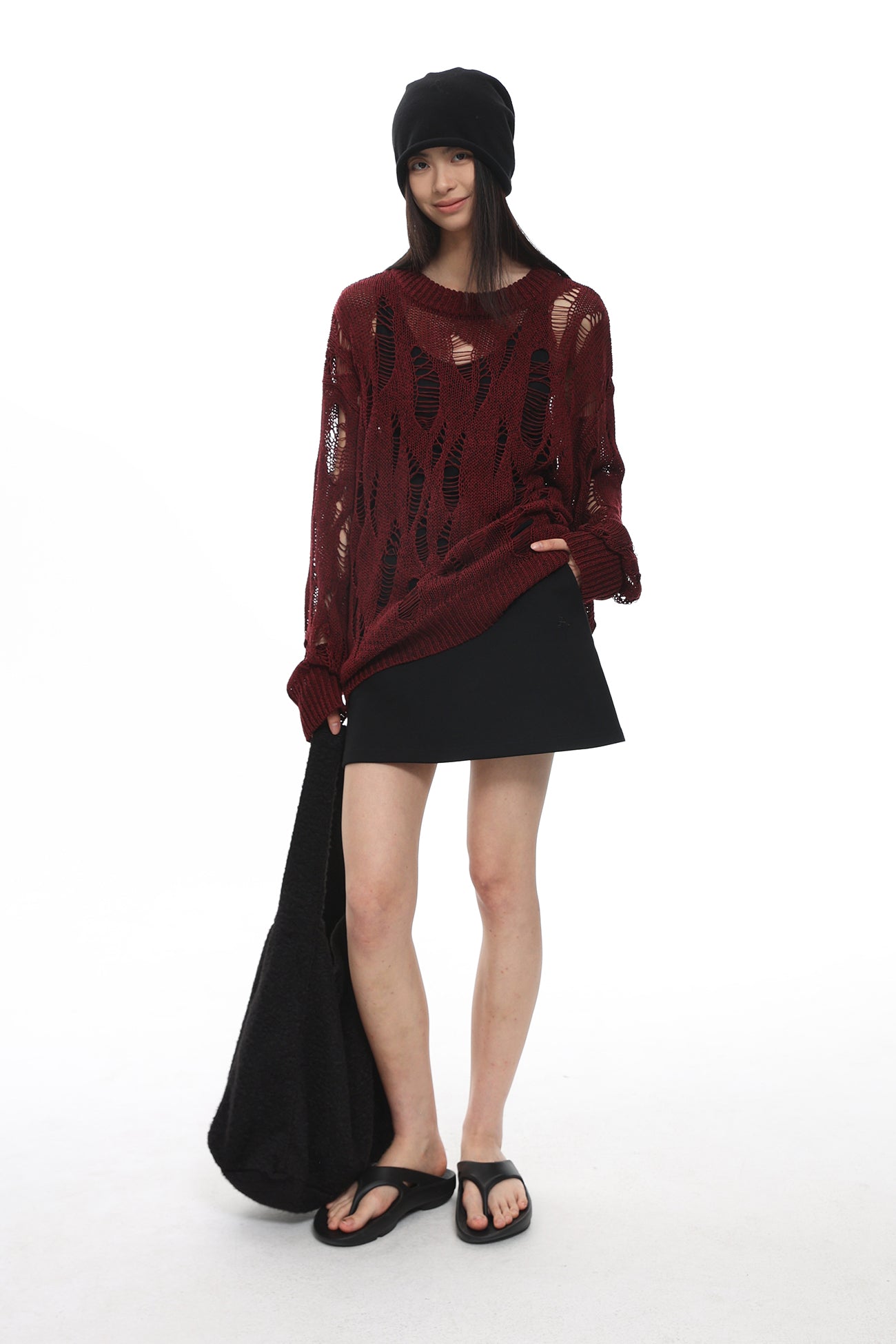 ROARINGWILD A ARCH Distressed Hollowed-Knit Sweater