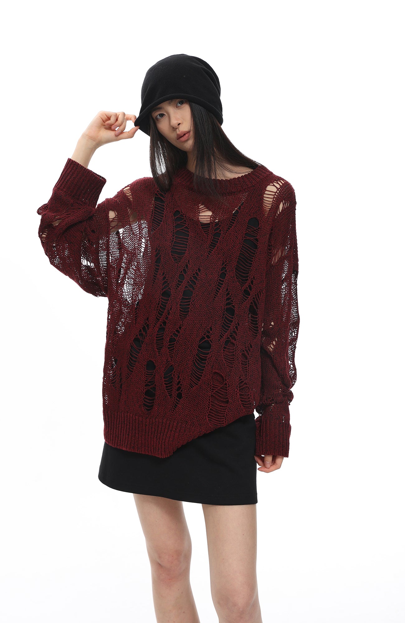 ROARINGWILD A ARCH Distressed Hollowed-Knit Sweater