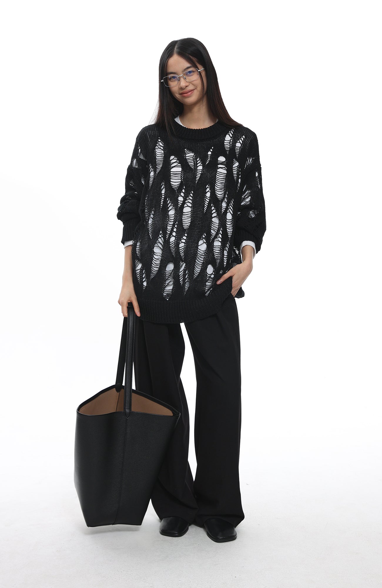 ROARINGWILD A ARCH Distressed Hollowed-Knit Sweater