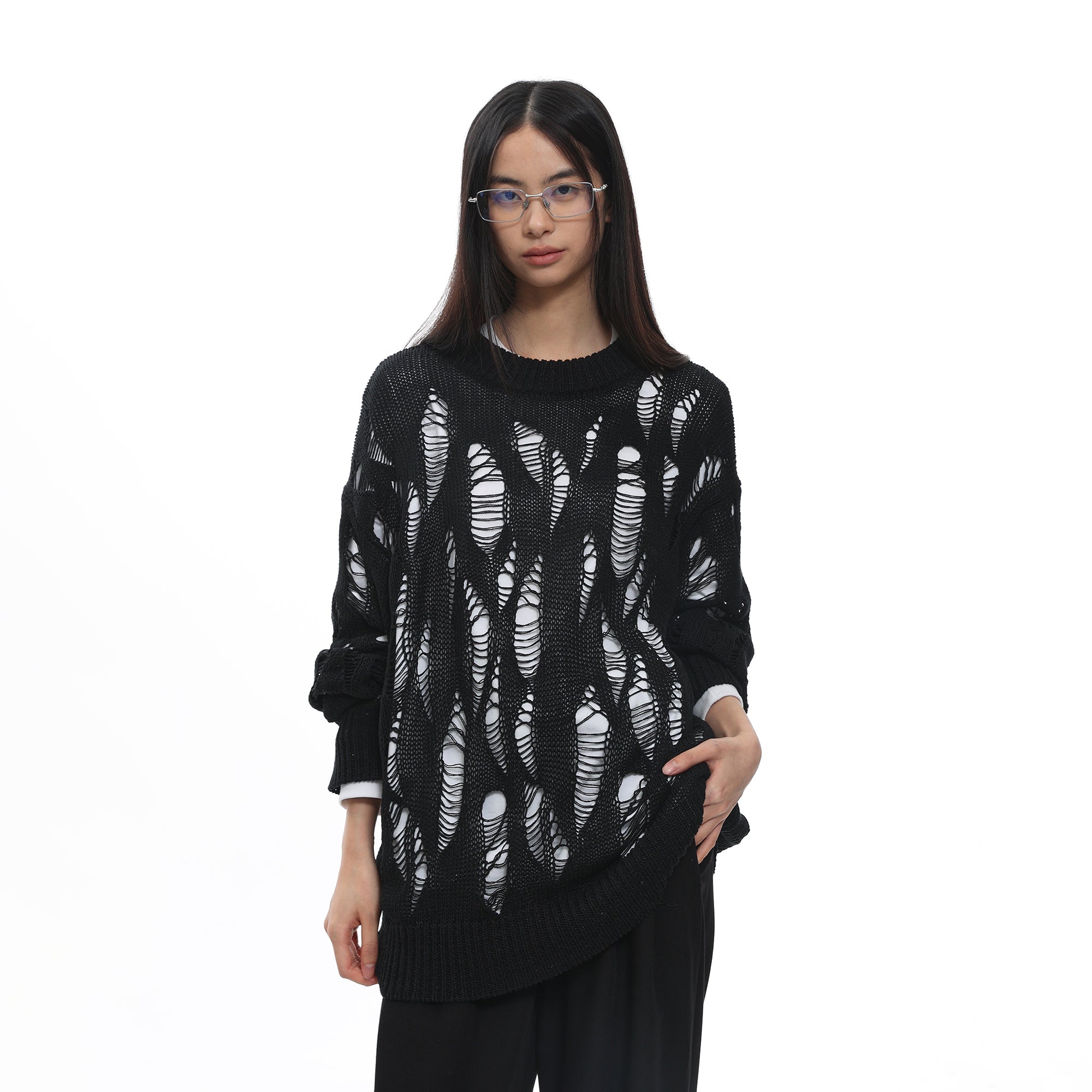 ROARINGWILD A ARCH Distressed Hollowed-Knit Sweater