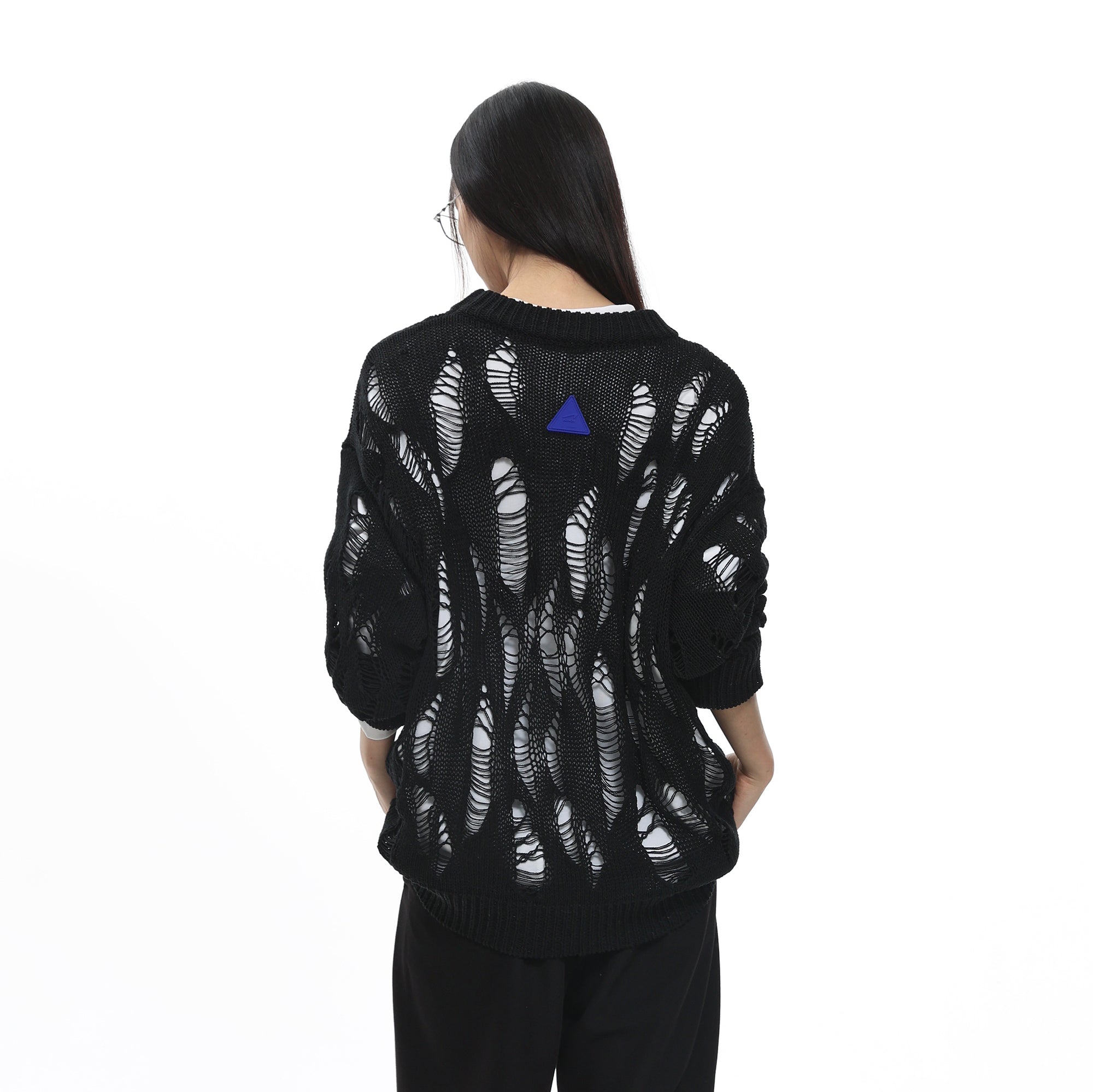 ROARINGWILD A ARCH Distressed Hollowed-Knit Sweater