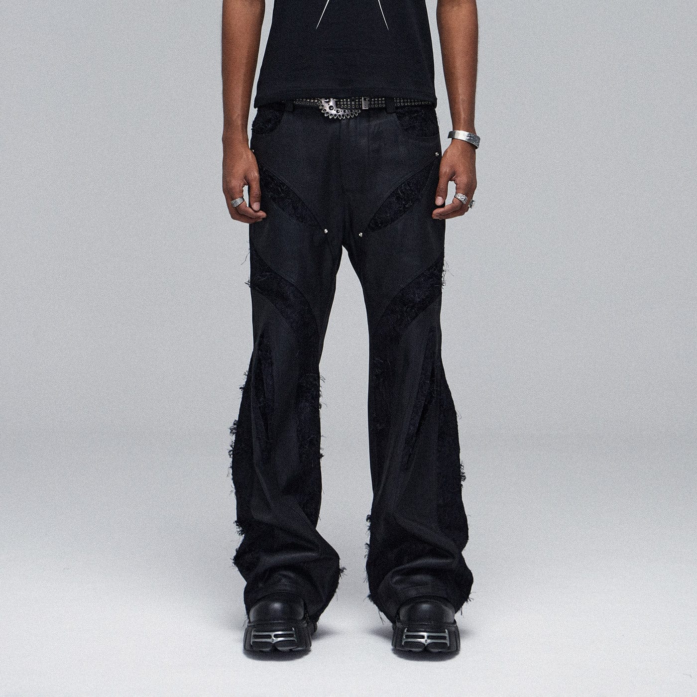 DND4DES Raw-Edge Spliced Flared Waxed Jeans, premium urban and streetwear designers apparel on PROJECTISR.com, DND4DES