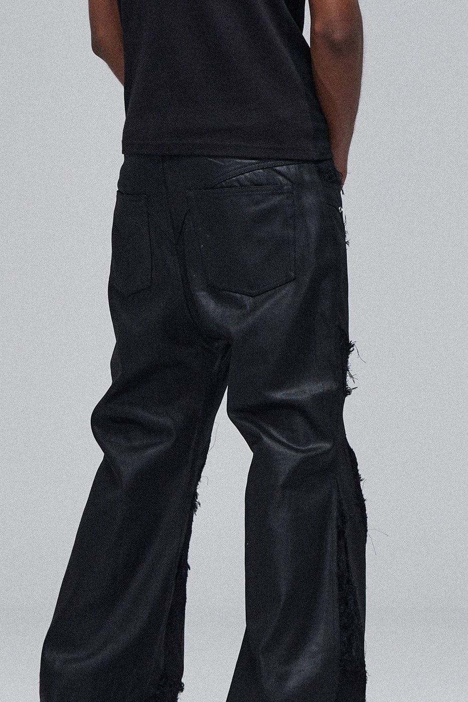 DND4DES Raw-Edge Spliced Flared Waxed Jeans, premium urban and streetwear designers apparel on PROJECTISR.com, DND4DES