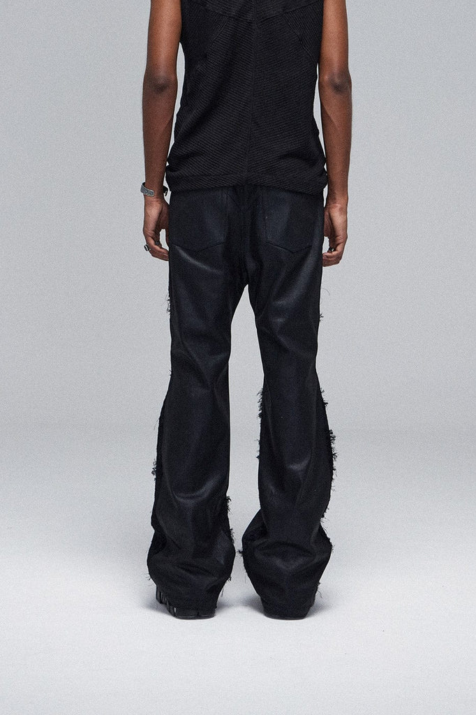 DND4DES Raw-Edge Spliced Flared Waxed Jeans, premium urban and streetwear designers apparel on PROJECTISR.com, DND4DES