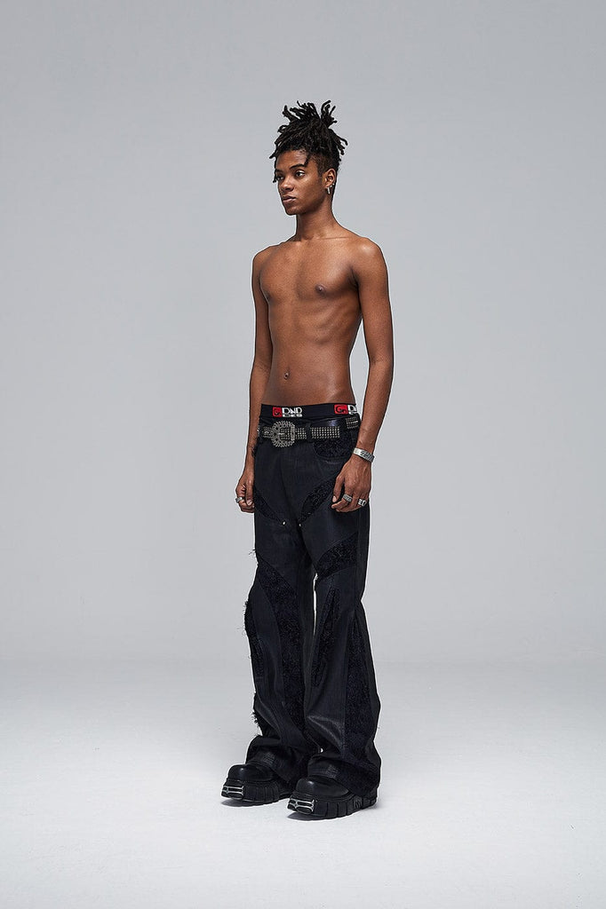 DND4DES Raw-Edge Spliced Flared Waxed Jeans, premium urban and streetwear designers apparel on PROJECTISR.com, DND4DES