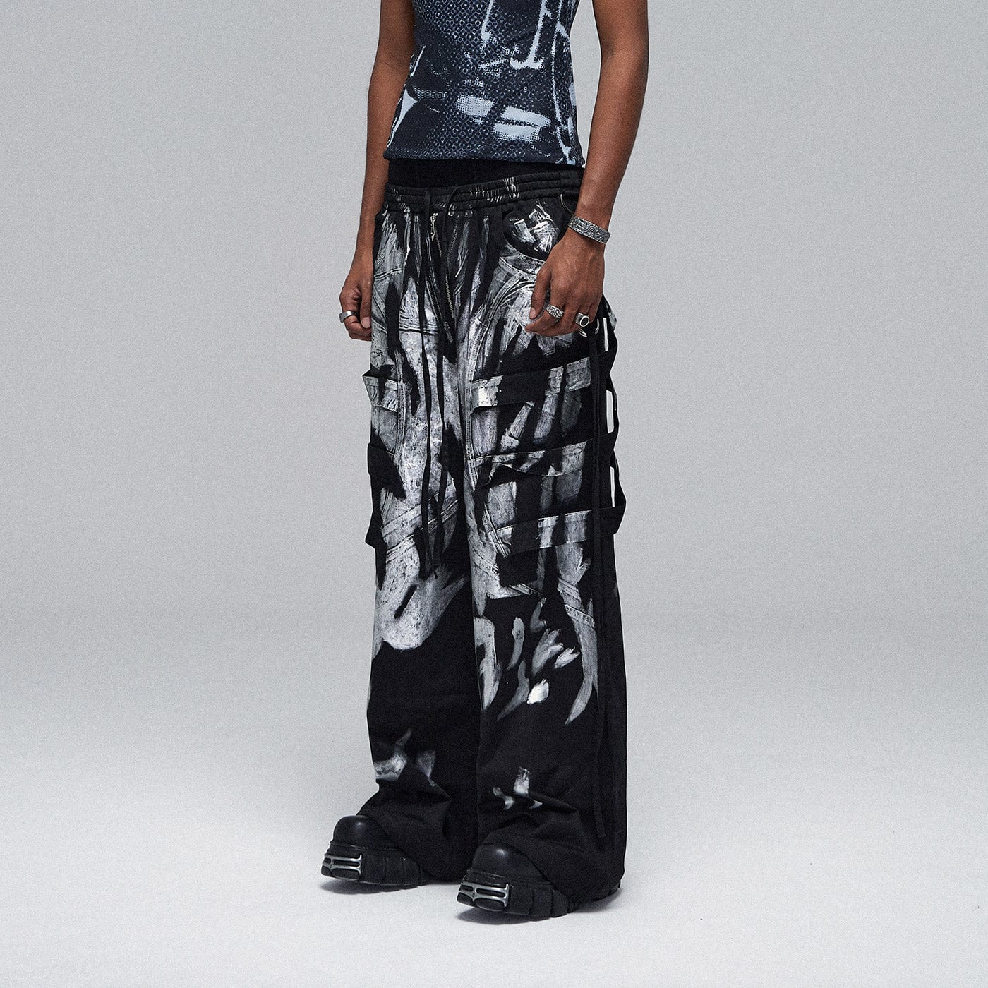 DND4DES Multi-Layered Striped Graffiti Cargo Pants, premium urban and streetwear designers apparel on PROJECTISR.com, DND4DES