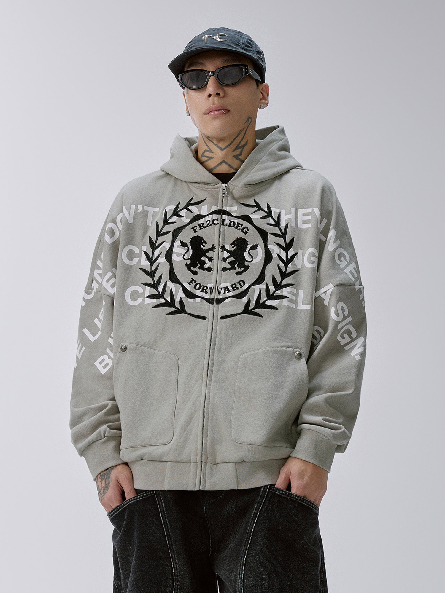 F2CE Embroidery Slogan Graphic Zip-Up Hoodie