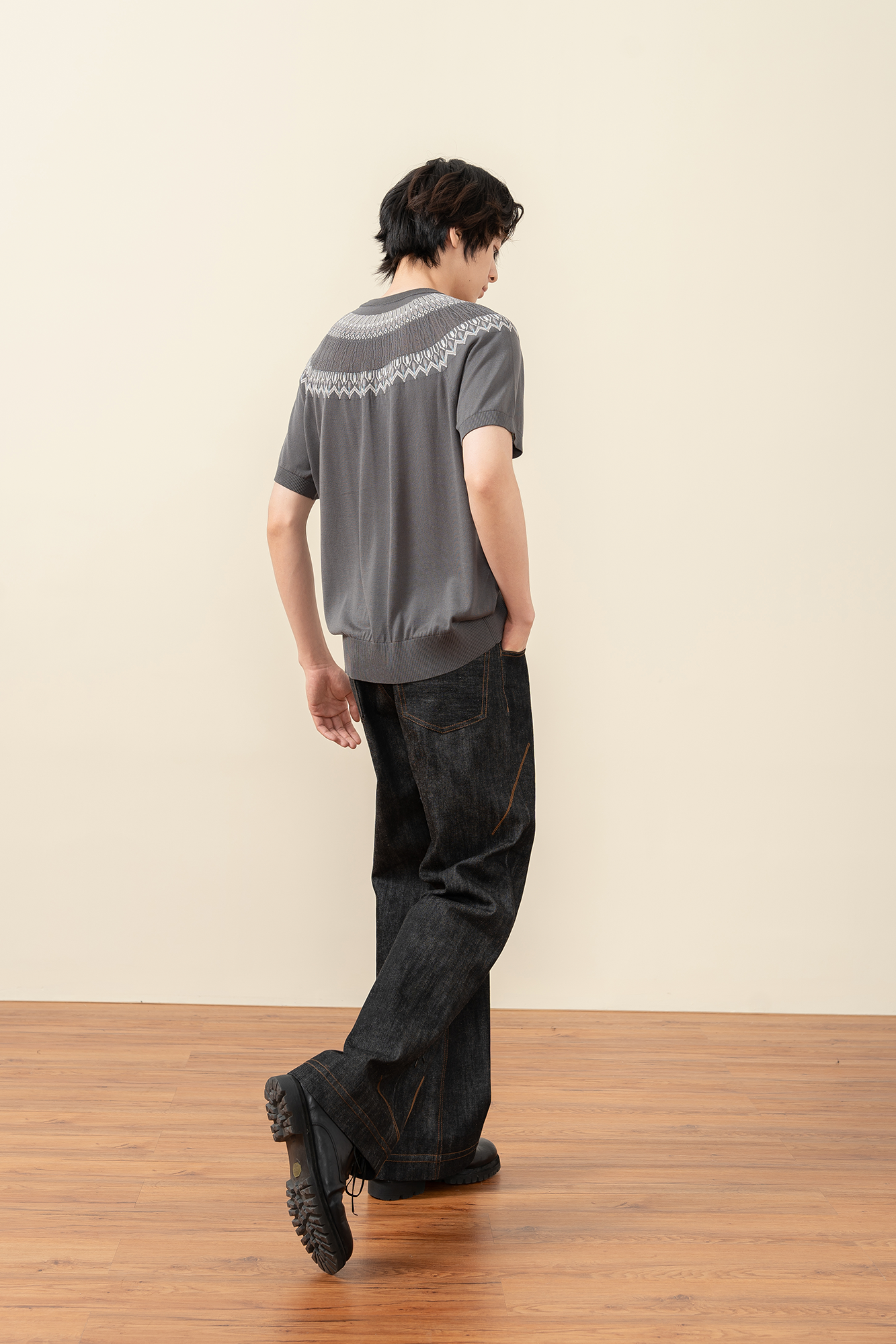 MOITIEDEPETALE Plaid-Inset Wide-Leg Selvedge Jeans
