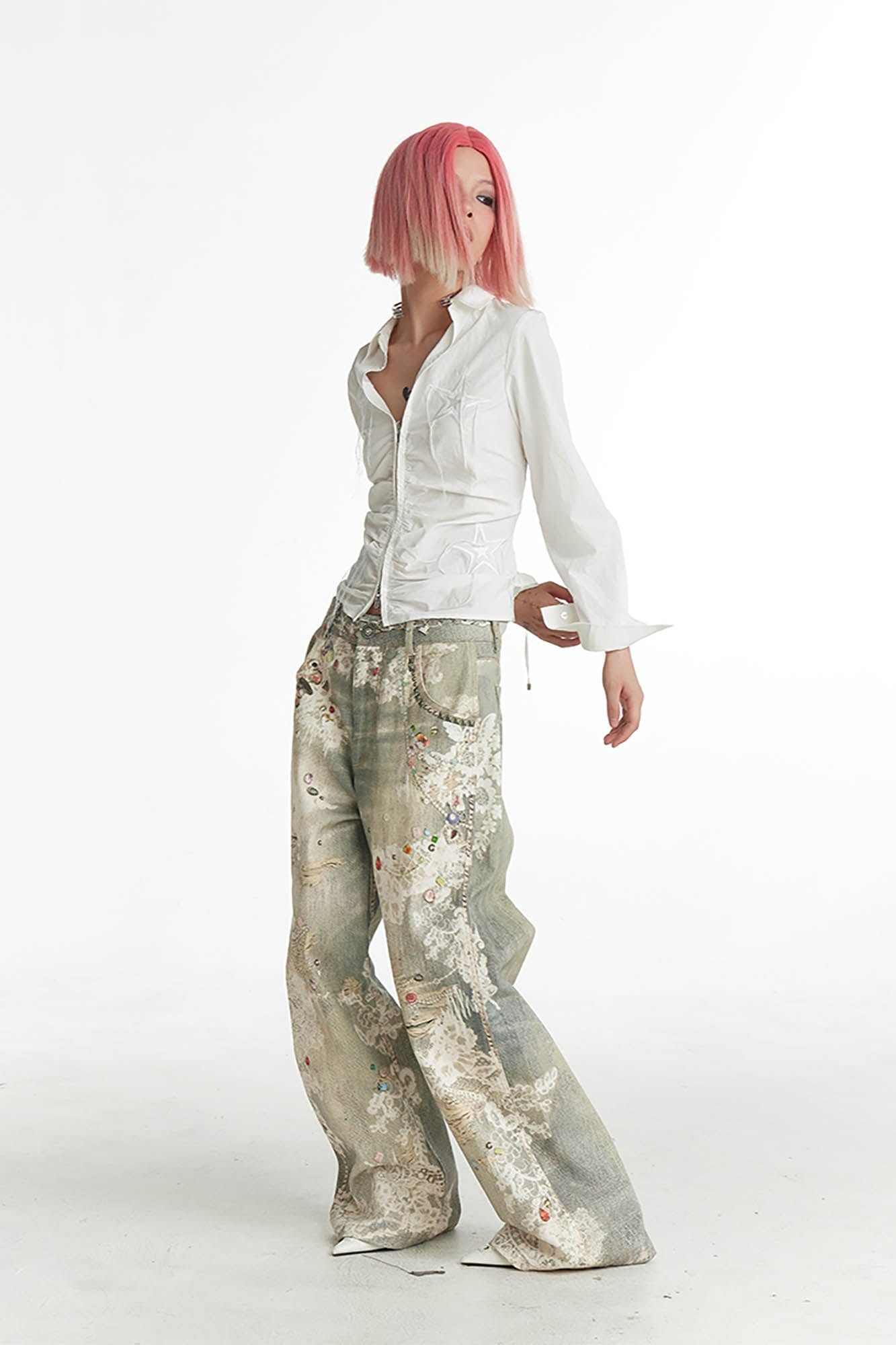 DND4DES Distressed Gem&Lace Jeans, premium urban and streetwear designers apparel on PROJECTISR.com, DND4DES