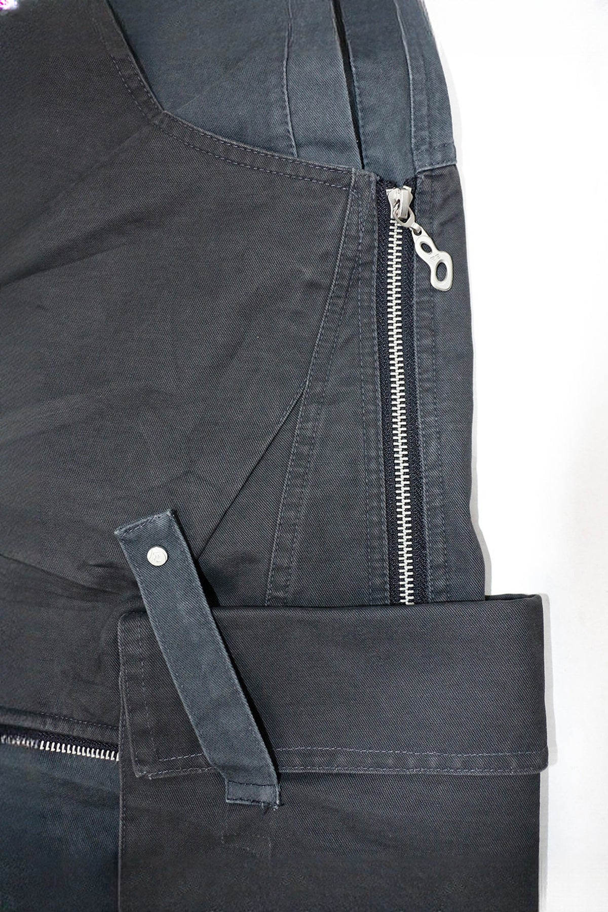 RELABEL Deconstructed Double-Waist Paneled Wide-Leg Cargo Pants — flat-lay detail · Charcoal Gray