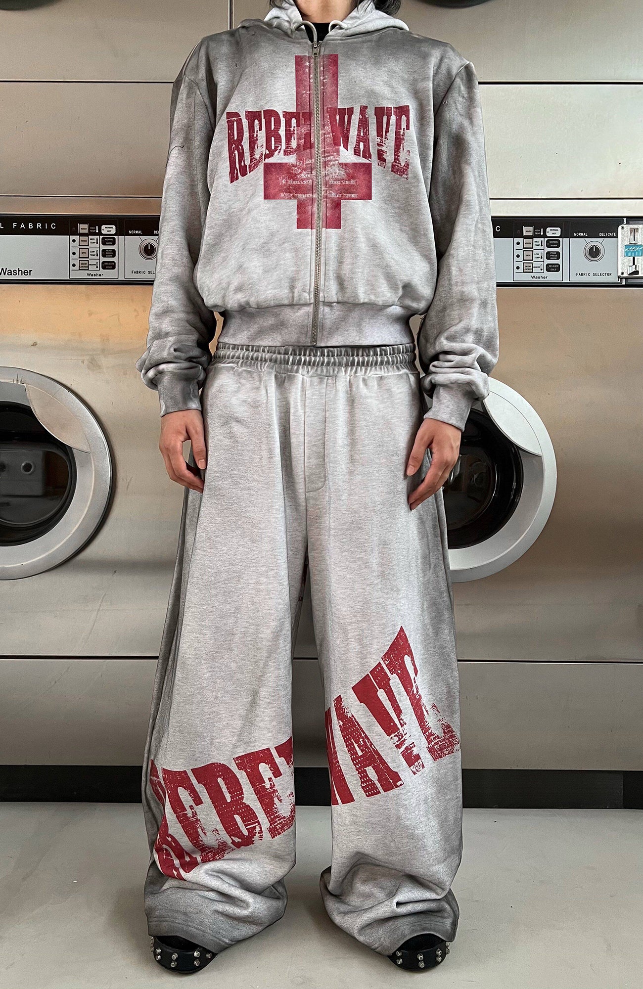 REBEL WAVE Dirty Wash Cross Graphic Zip-Up Hoodie