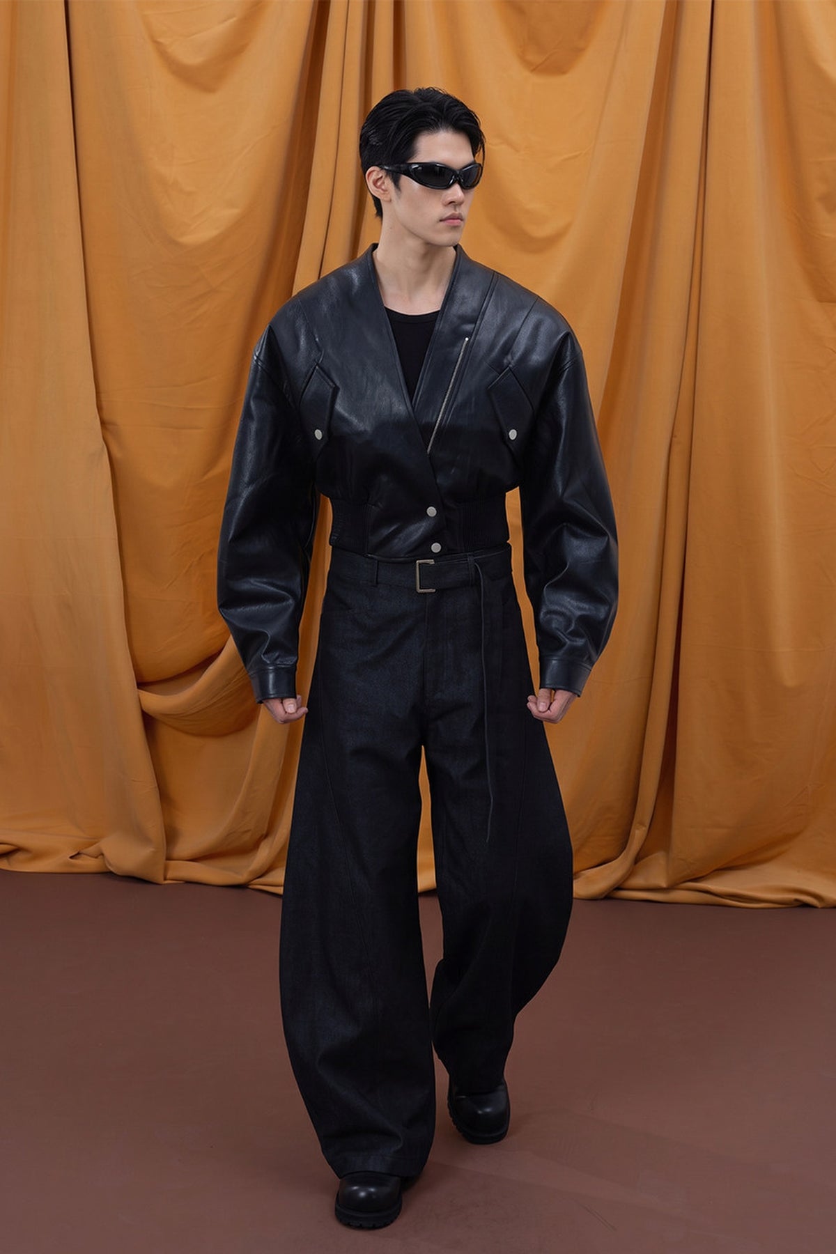 CLP Belted Wide-Leg Draped Trousers — full body