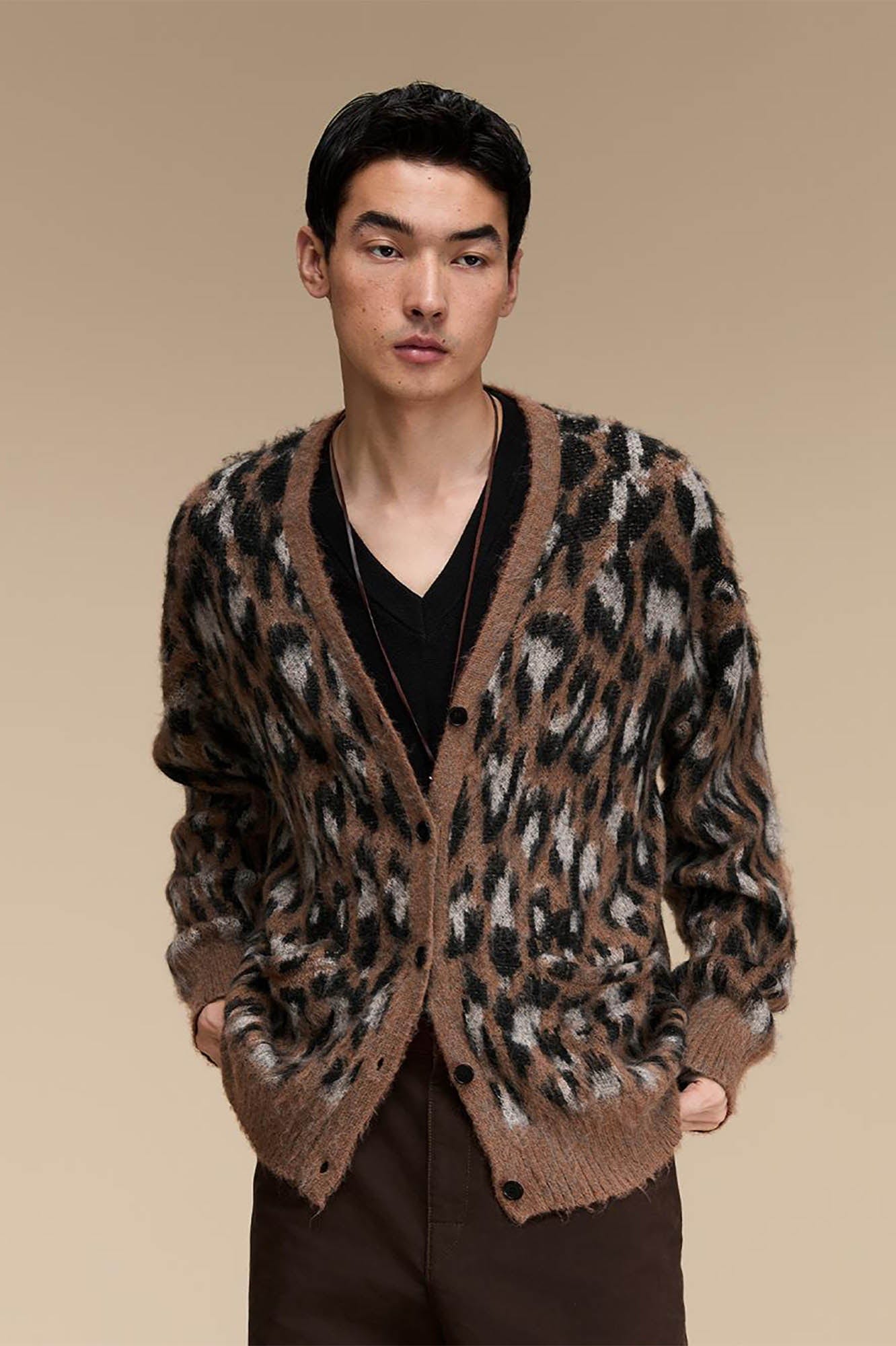 OPICLOTH Leopard Mohair V-Neck Cardigan