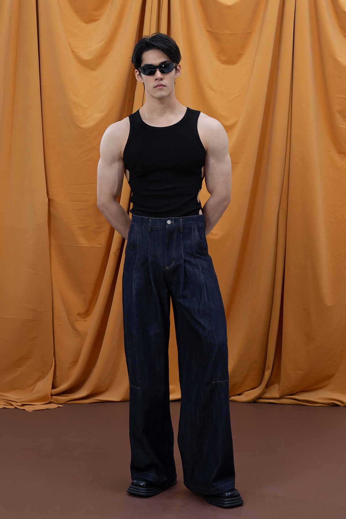 CLP Pleated Washed Wide-Leg Jeans — full body