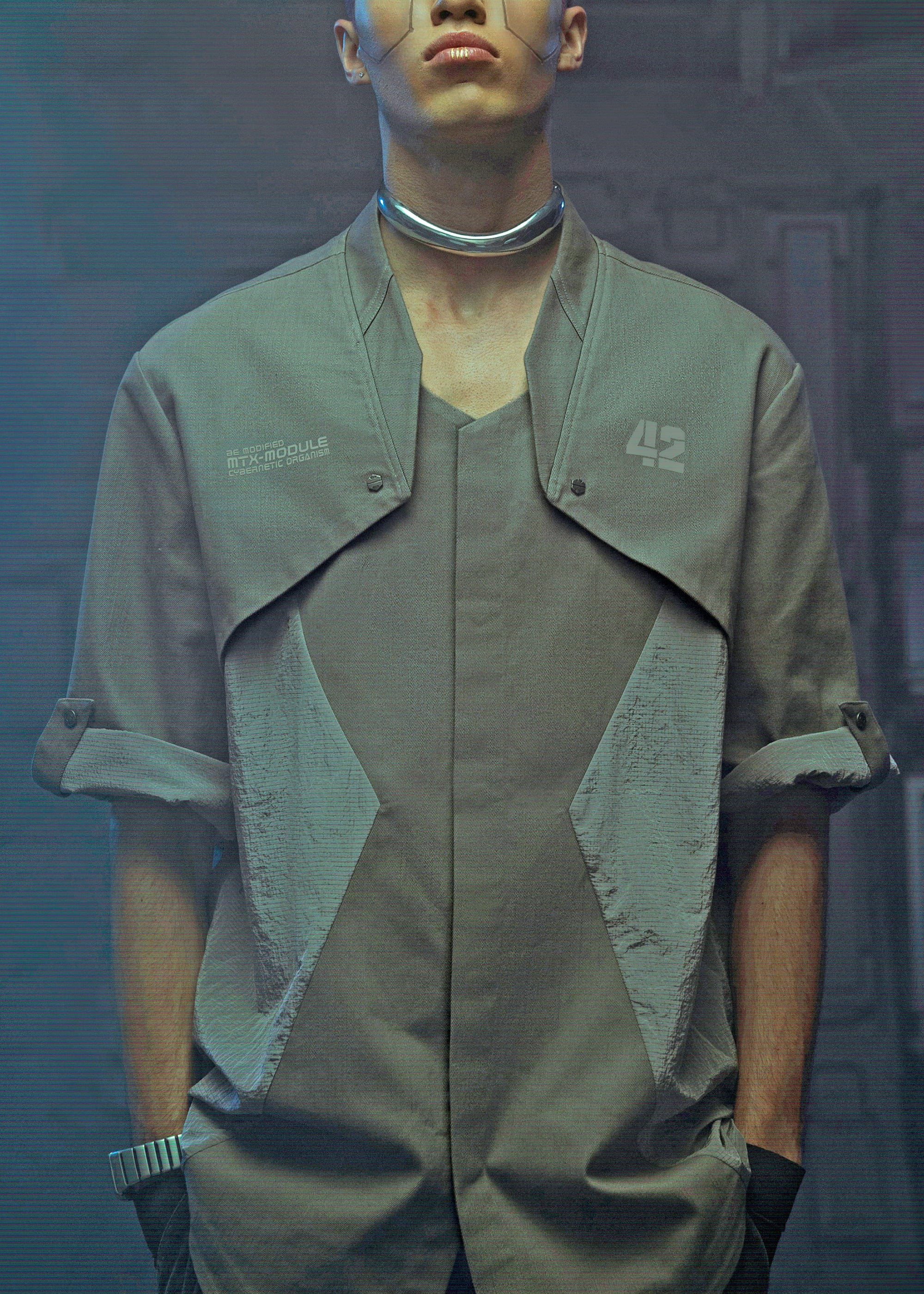 XIPHEVIL Terminal Modern Layered Rivet Half Shirt Light Grey