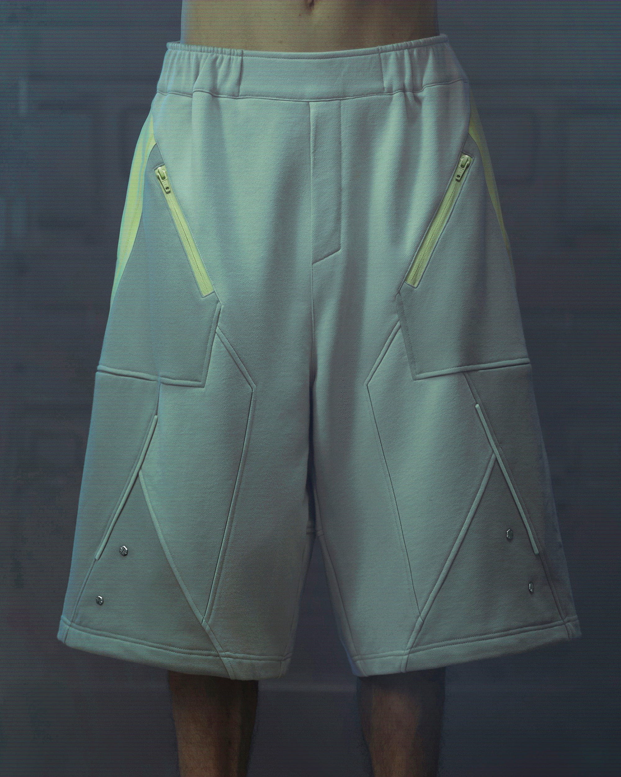 XIPHEVIL Deconstructed Zipper Rivet Shorts Light Grey