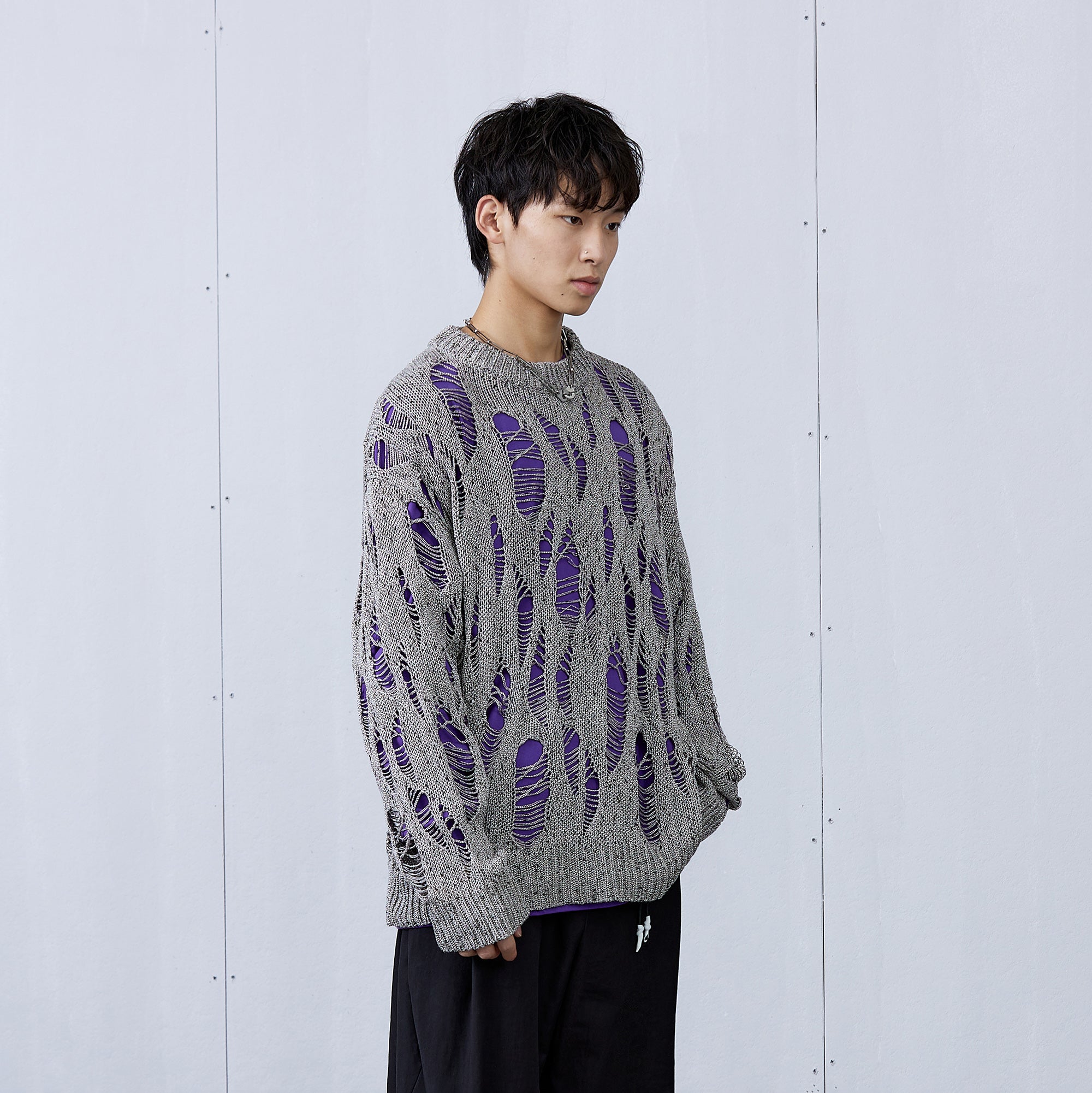 ROARINGWILD A ARCH Distressed Hollowed-Knit Sweater