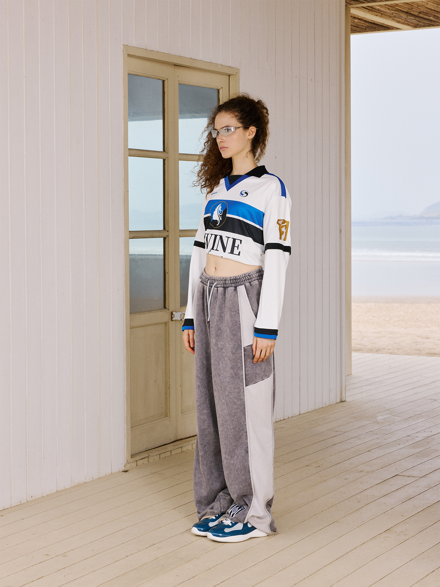 IN EXISTENCE Retro Contrast Embroidered Distressed Sweatpants