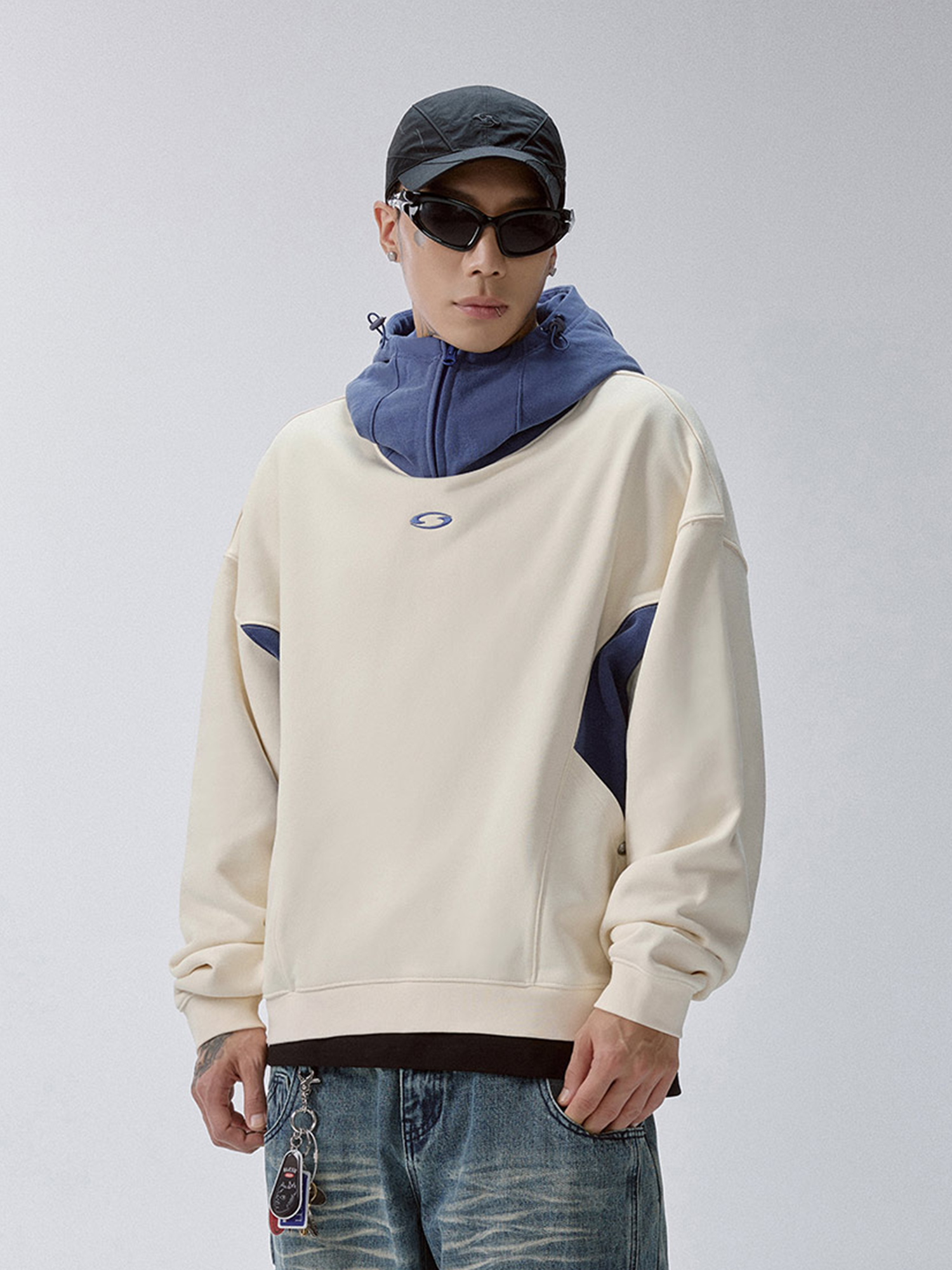 F2CE Contrast Paneled Funnel-Hood Pullover