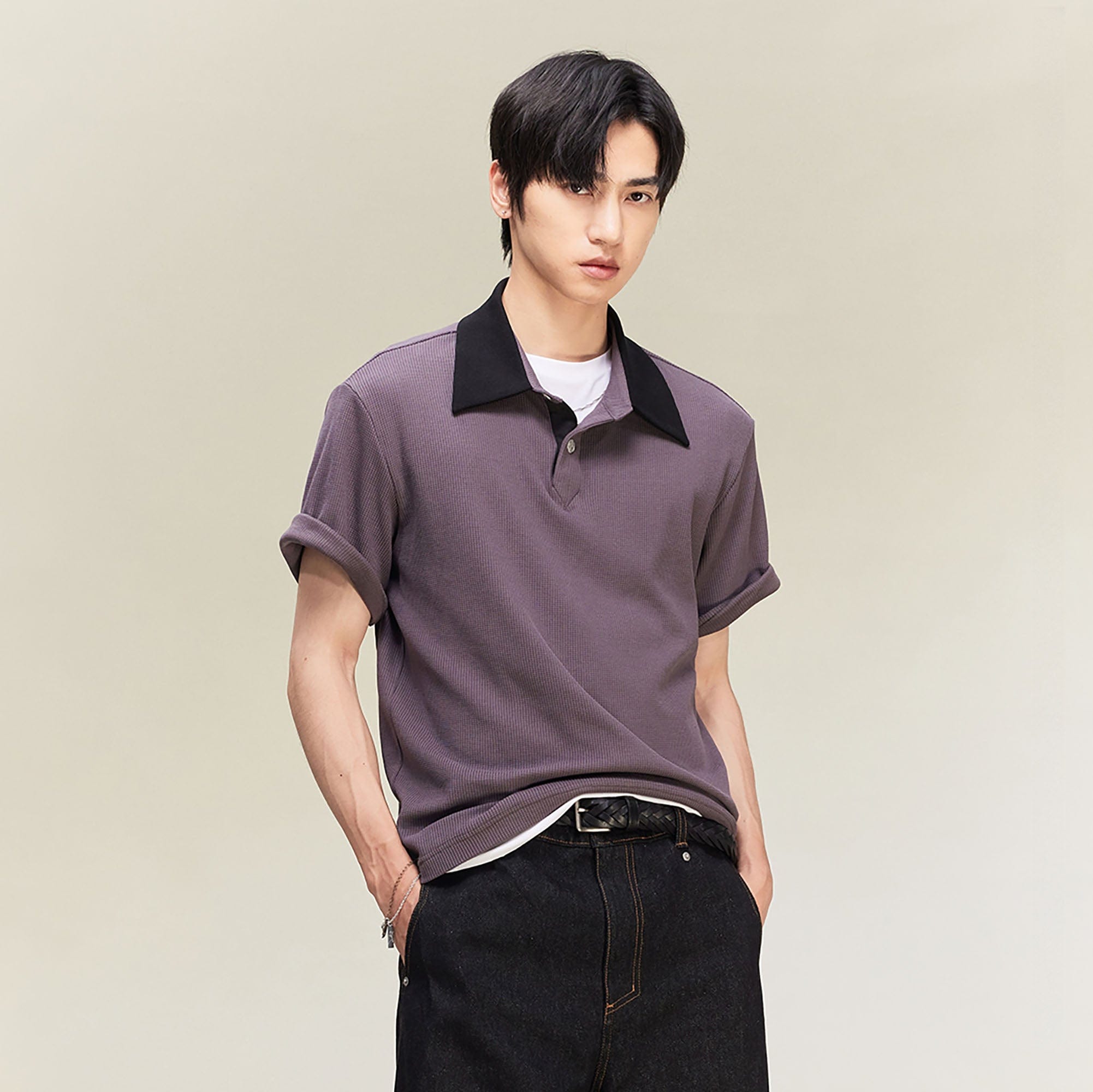 ALVNG AR ANTS Contrast Collar Waffle Knit Polo Shirt, premium urban and streetwear designers apparel on PROJECTISR.com, ALVNG AR ANTS