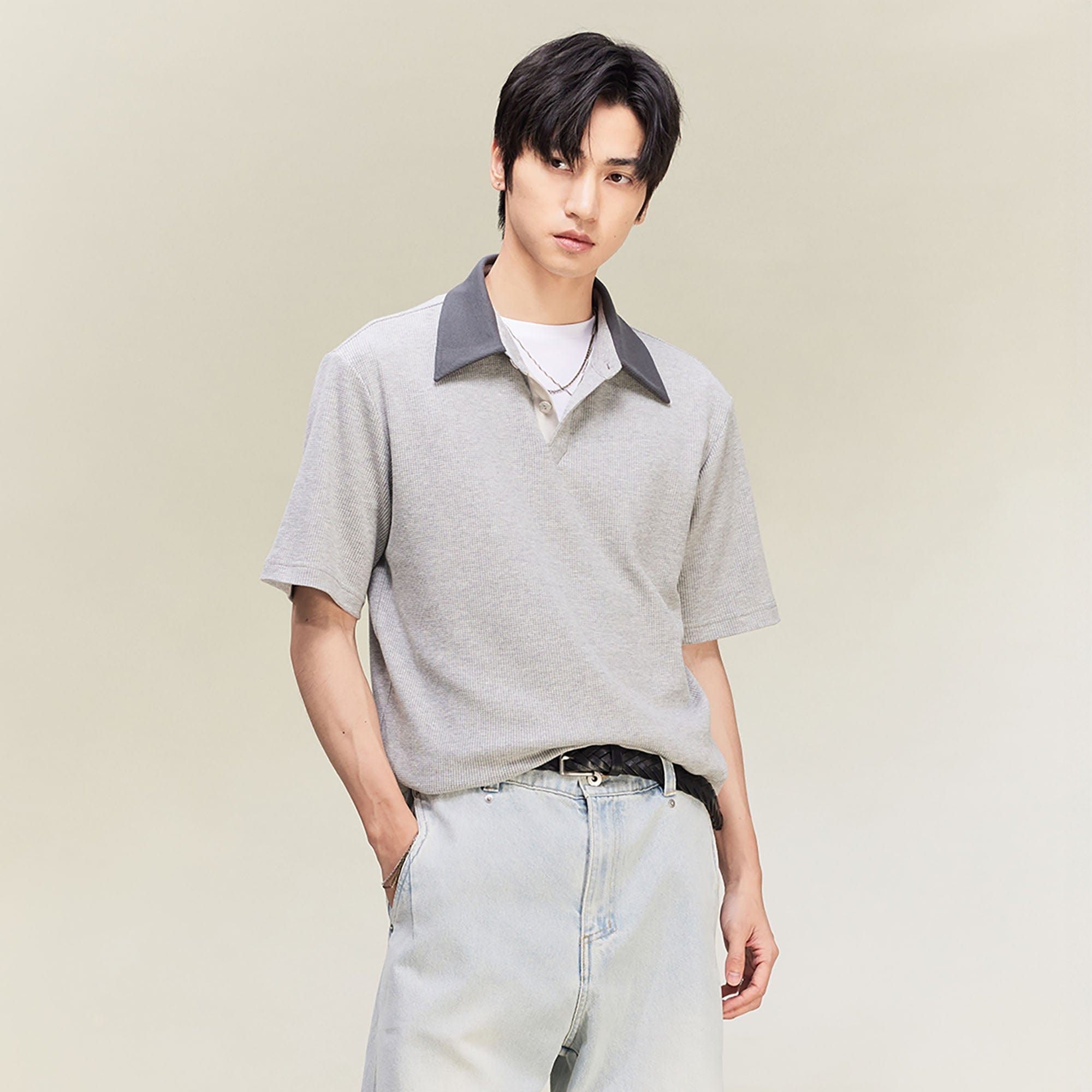 ALVNG AR ANTS Contrast Collar Waffle Knit Polo Shirt, premium urban and streetwear designers apparel on PROJECTISR.com, ALVNG AR ANTS