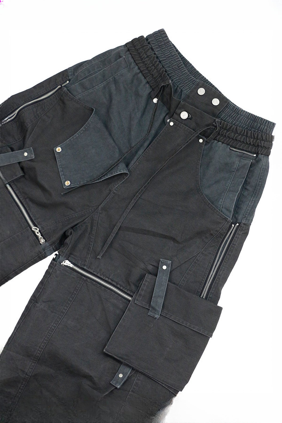 RELABEL Deconstructed Double-Waist Paneled Wide-Leg Cargo Pants — flat-lay detail · Charcoal Gray
