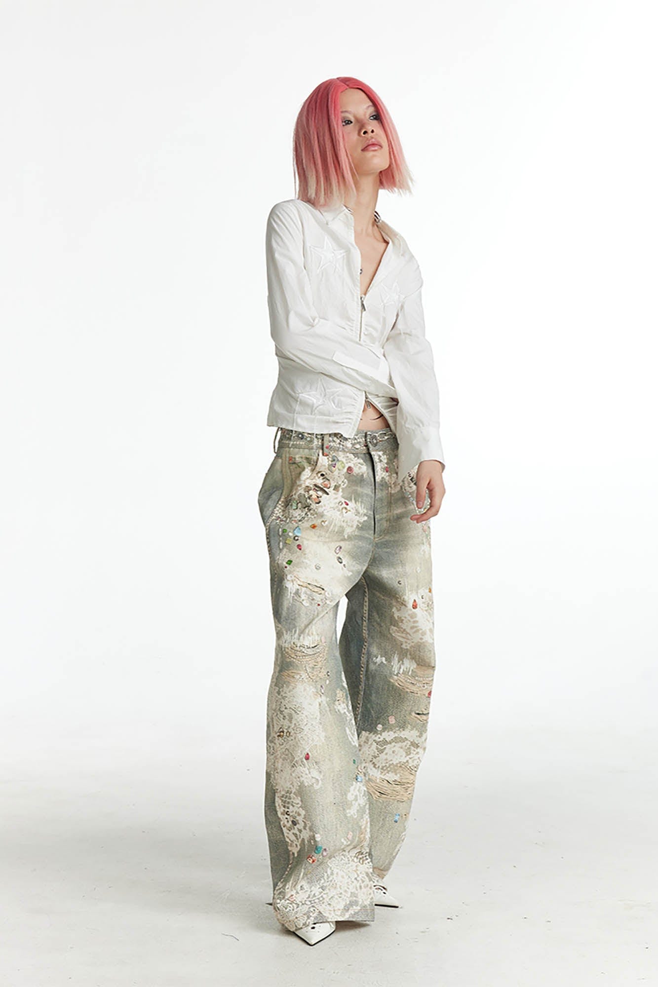 DND4DES Distressed Gem&Lace Jeans, premium urban and streetwear designers apparel on PROJECTISR.com, DND4DES