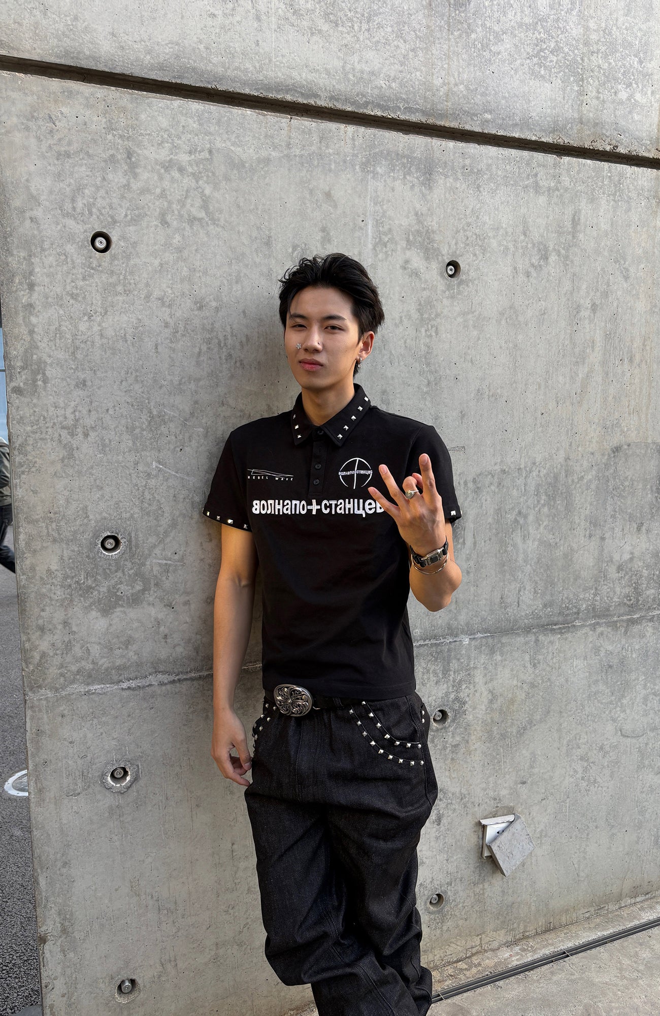REBEL WAVE Studded LOGO Graphic Polo Shirt