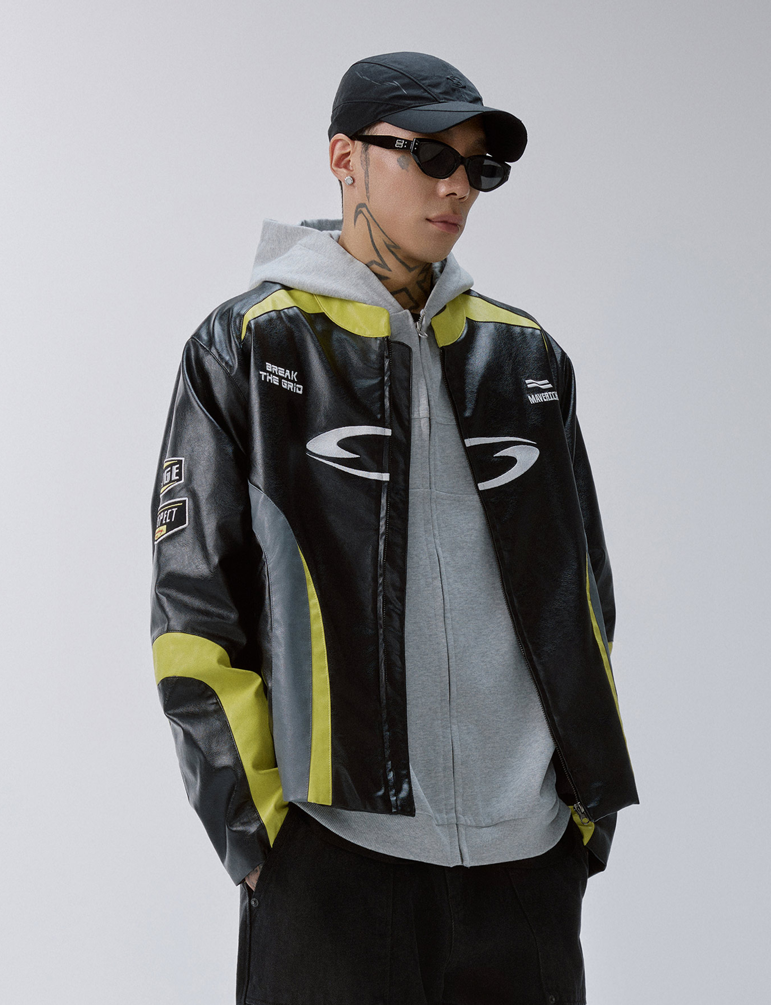 F2CE Contrast Panel Embroidered Moto Jacket
